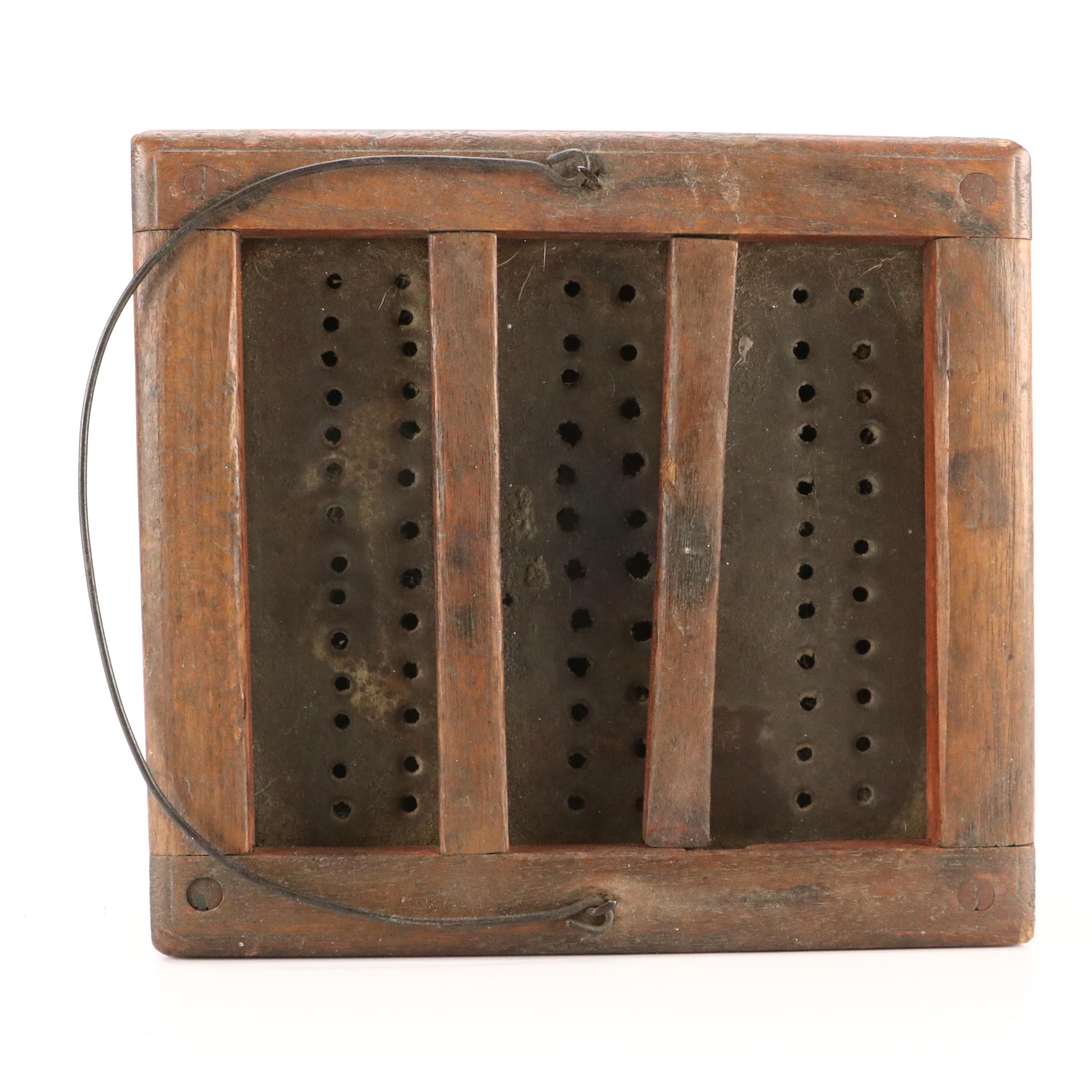 American Punched Tin and Wood Foot Warming Box, Early to Mid-19th Century