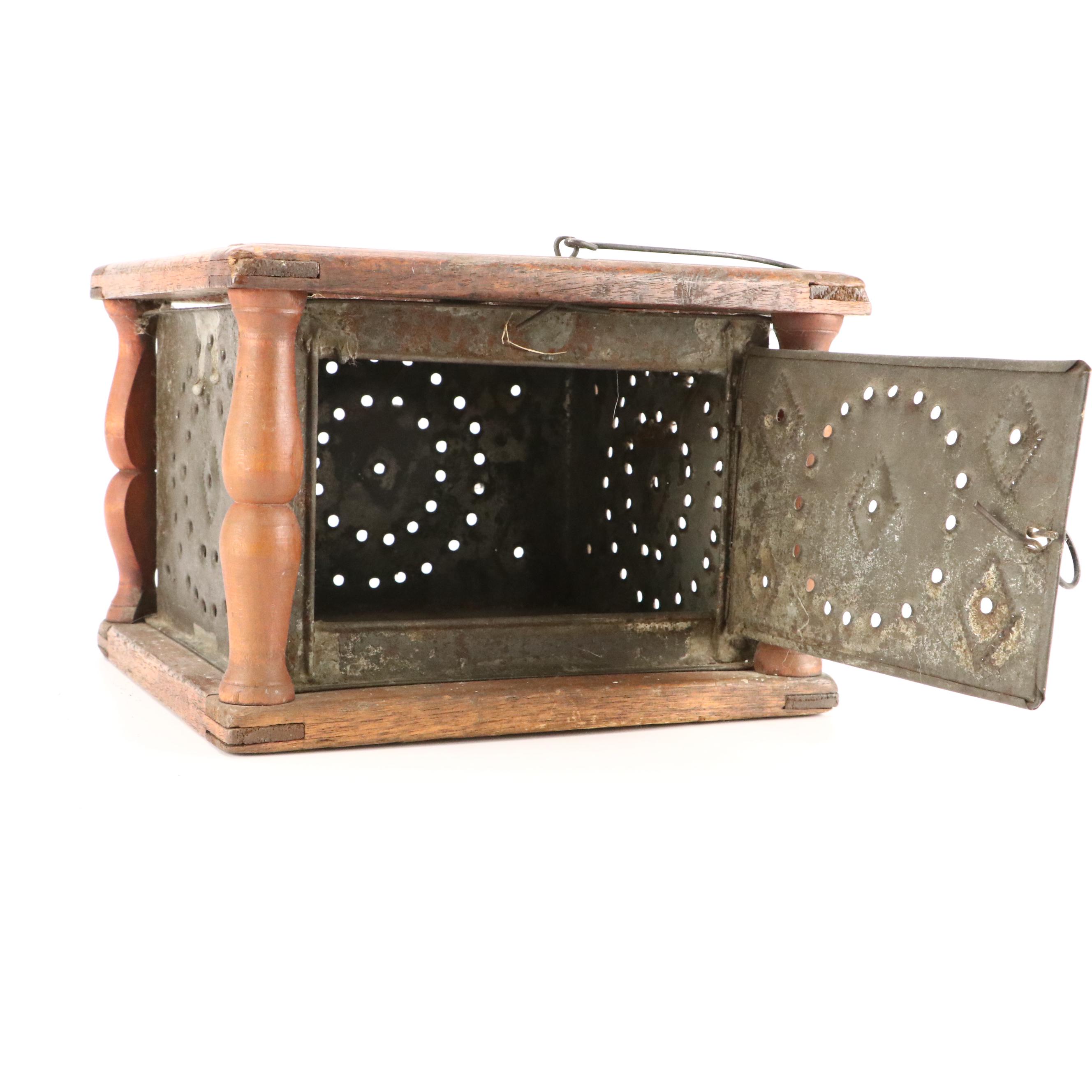 American Punched Tin and Wood Foot Warming Box, Early to Mid-19th Century