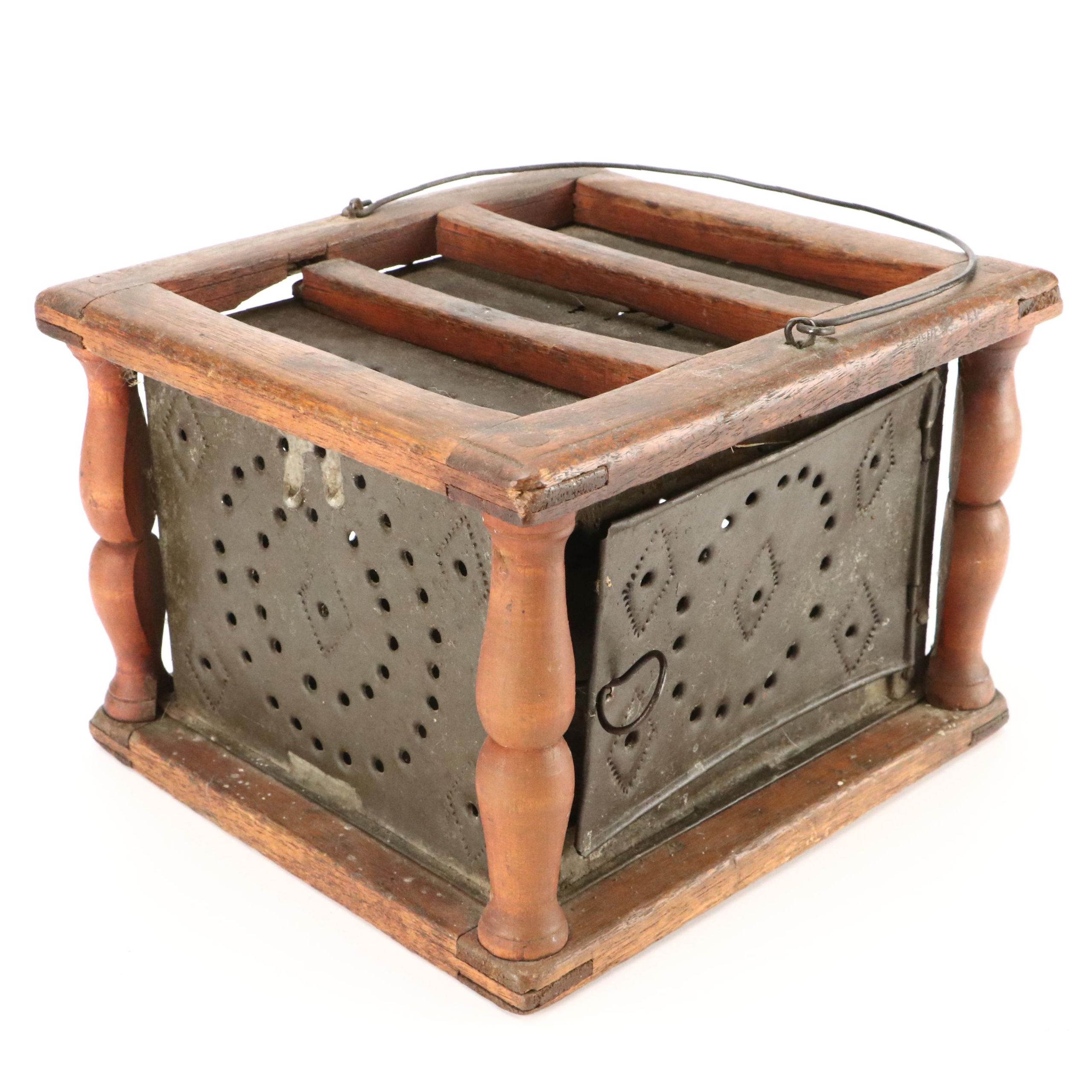 American Punched Tin and Wood Foot Warming Box, Early to Mid-19th Century
