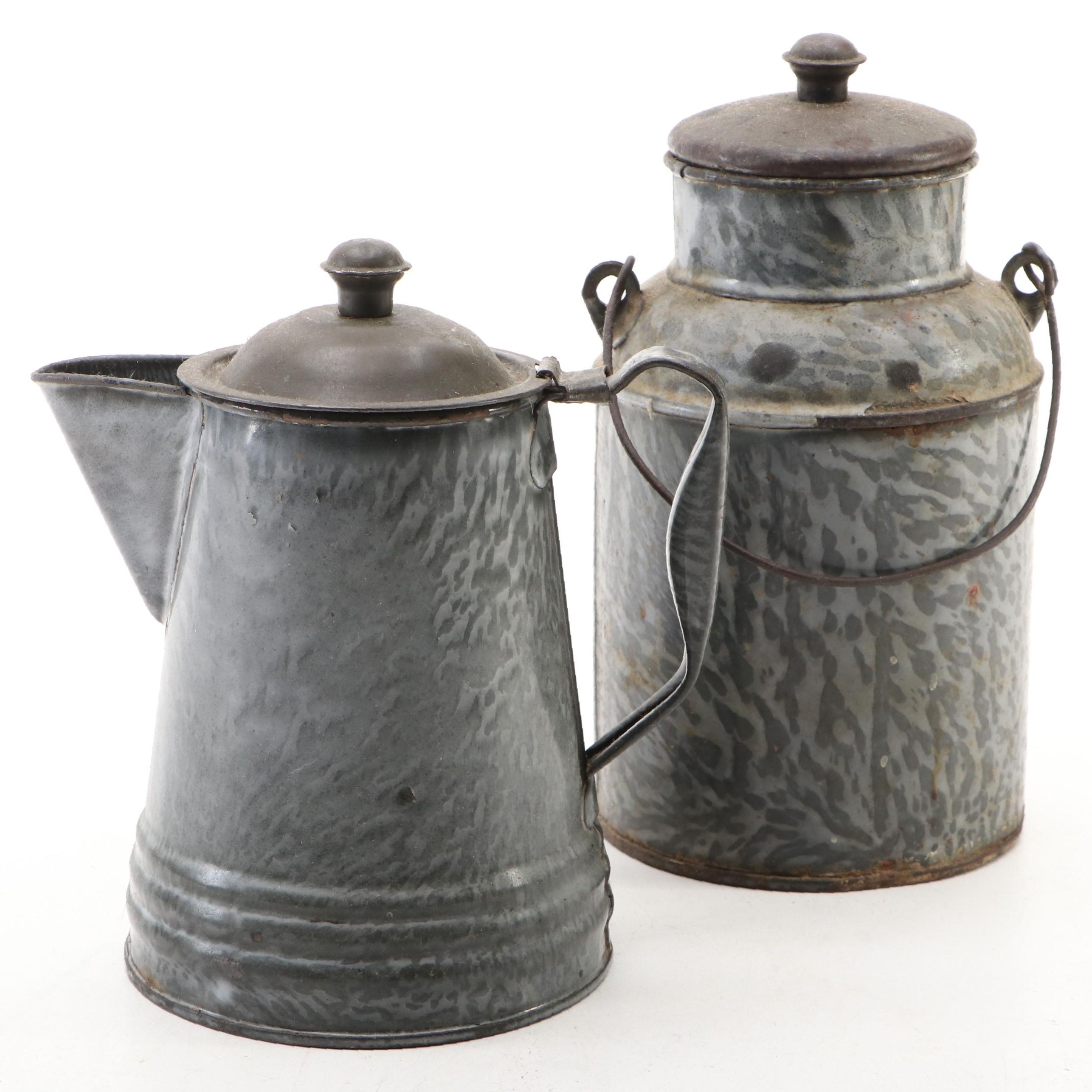 Gray Graniteware Metal Milk Pail and Pitcher