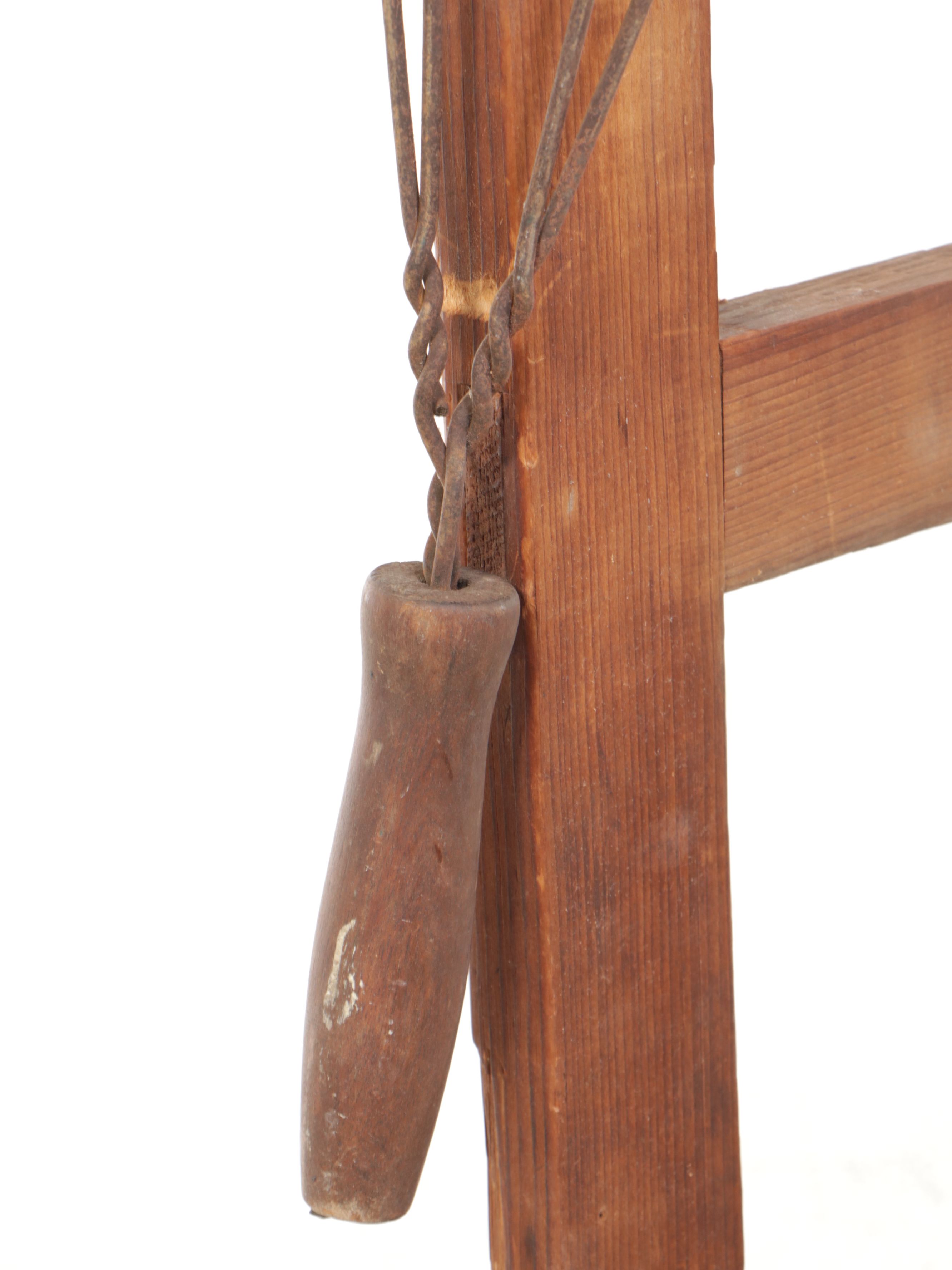 Primitive Rug Beater and Drying Rack with Hand-Embroidered Pink Crib Quilt