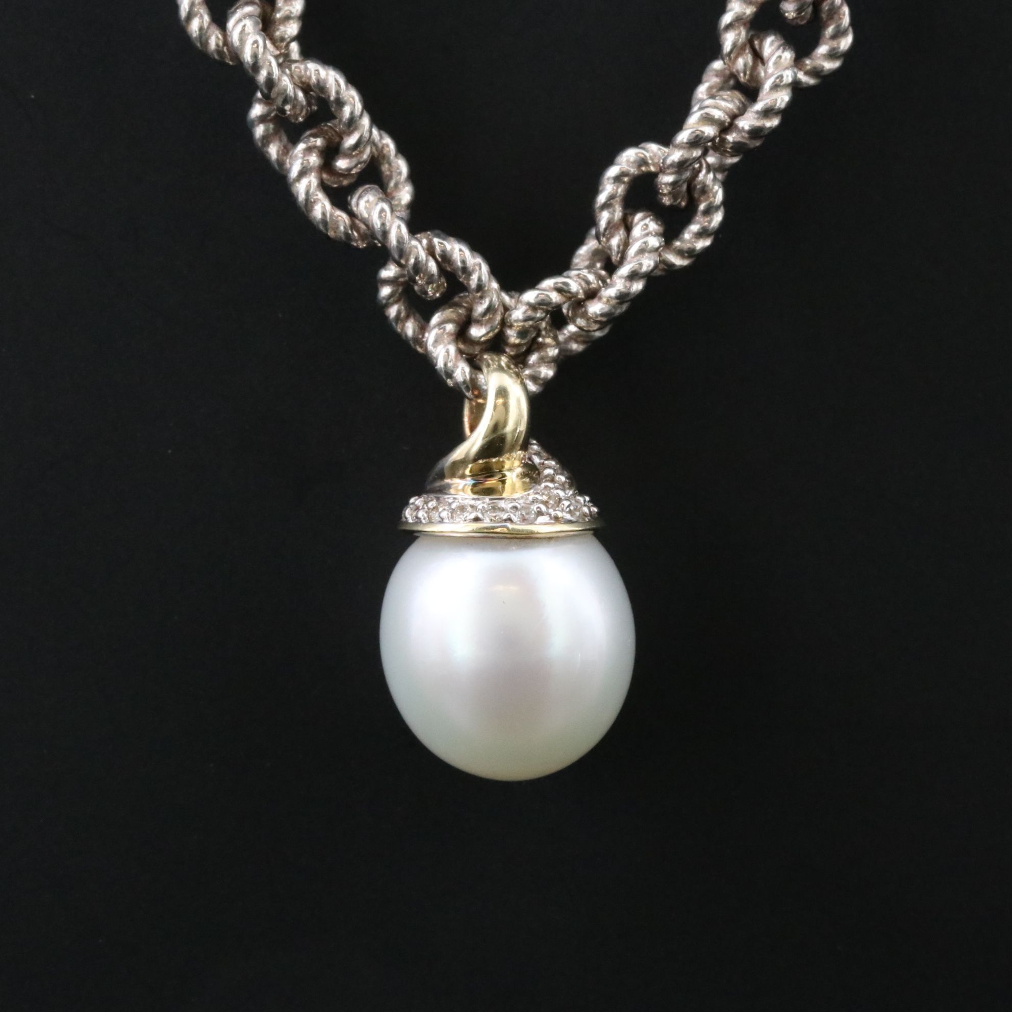 David Yurman Sterling and 18K Pearl and Diamond Cable Link Necklace