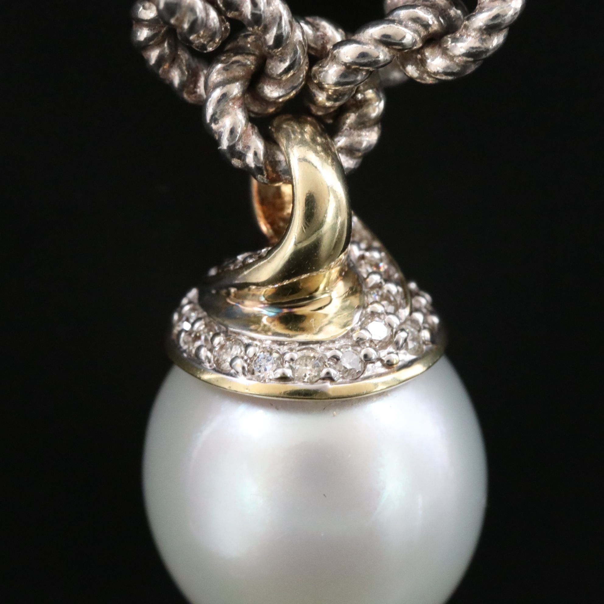 David Yurman Sterling and 18K Pearl and Diamond Cable Link Necklace