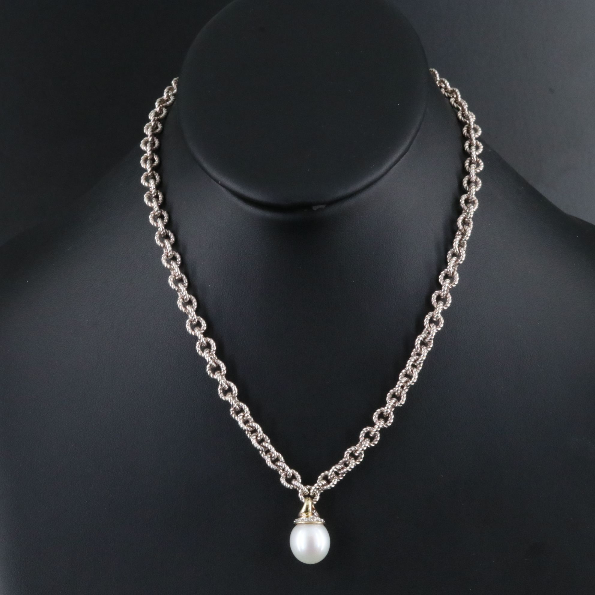 David Yurman Sterling and 18K Pearl and Diamond Cable Link Necklace