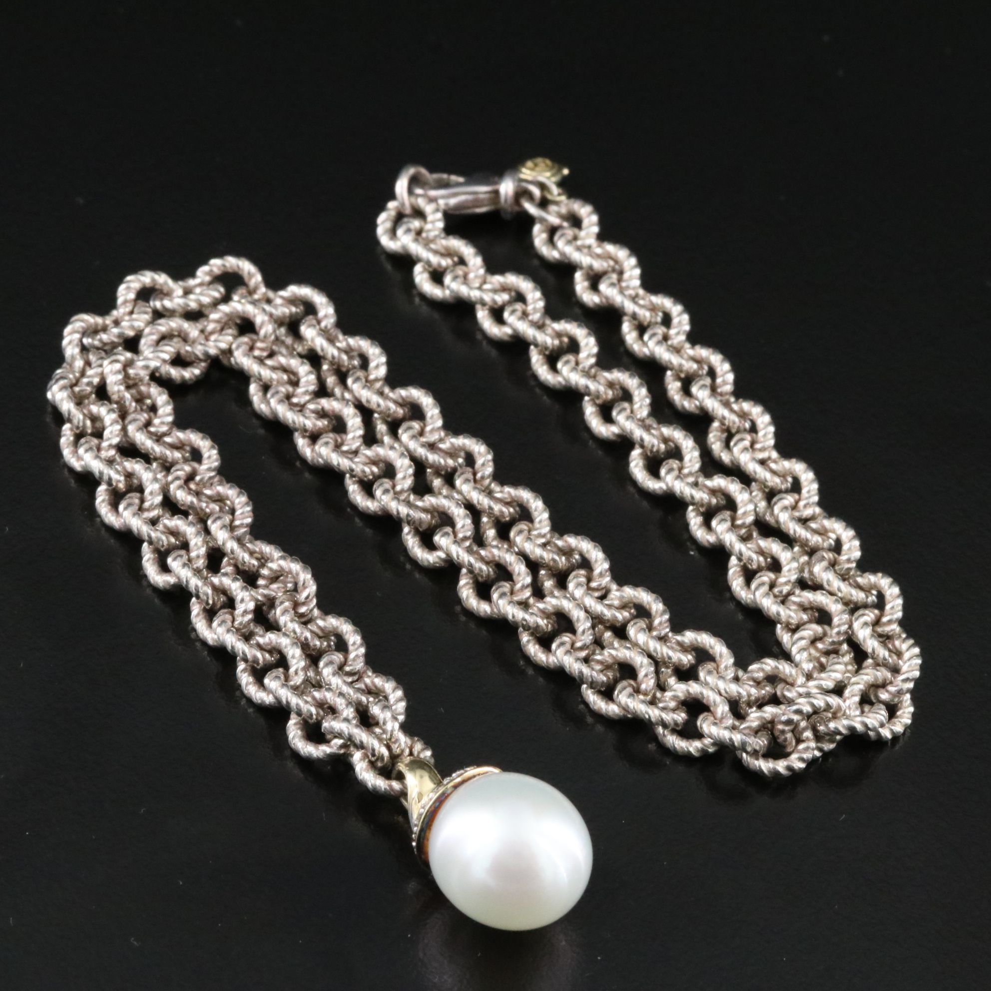 David Yurman Sterling and 18K Pearl and Diamond Cable Link Necklace
