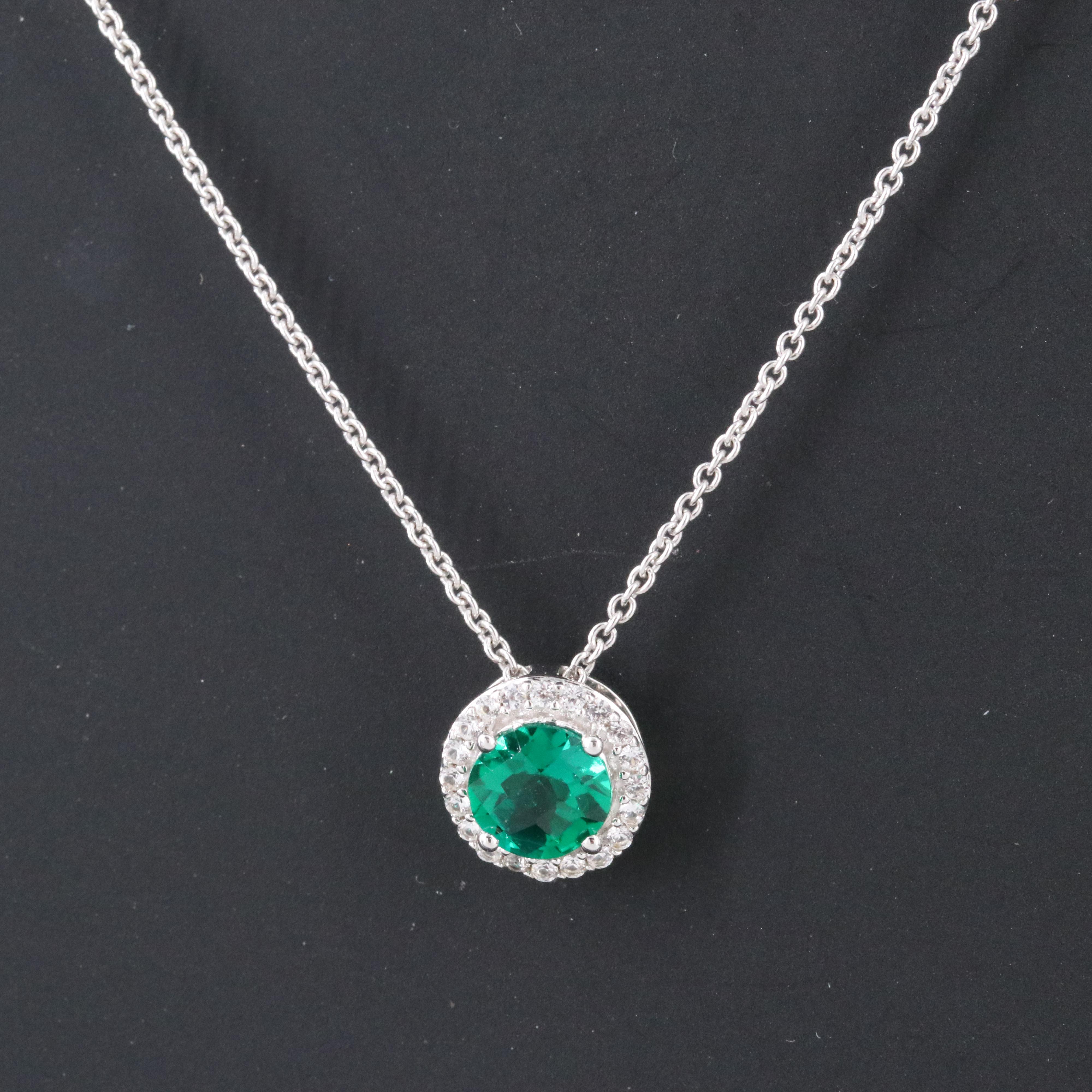 Sterling Emerald and White Sapphire Pendant Necklace