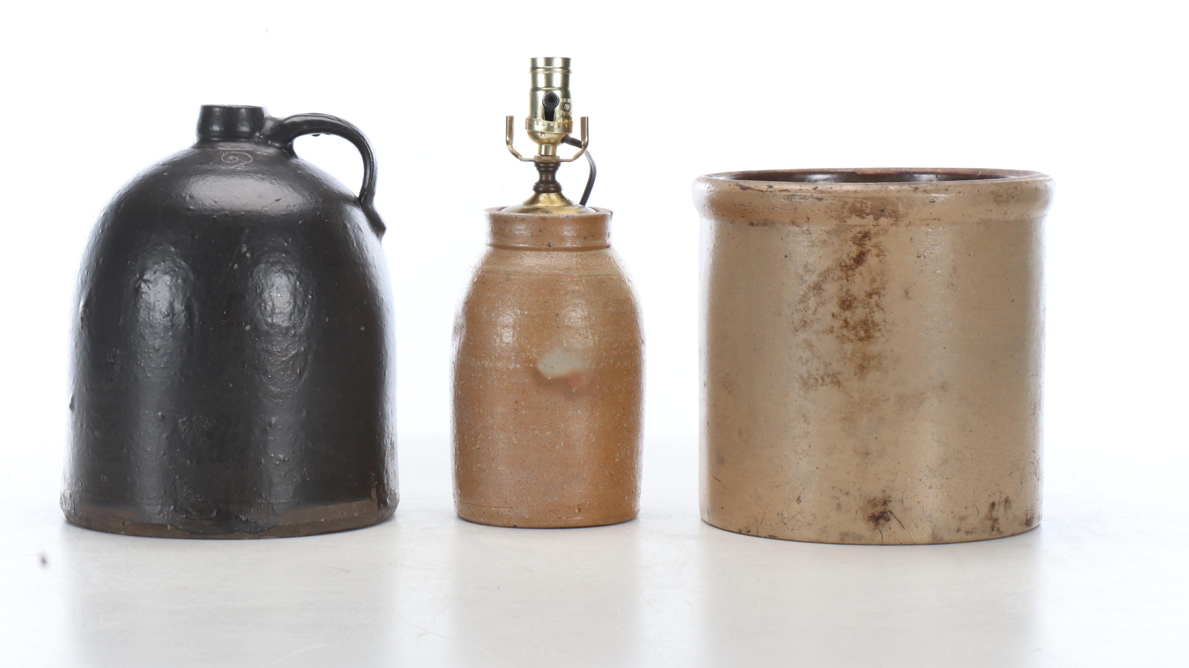 American Two-Gallon Stoneware Jug with Wax Sealer Jar Lamp and Other Crock