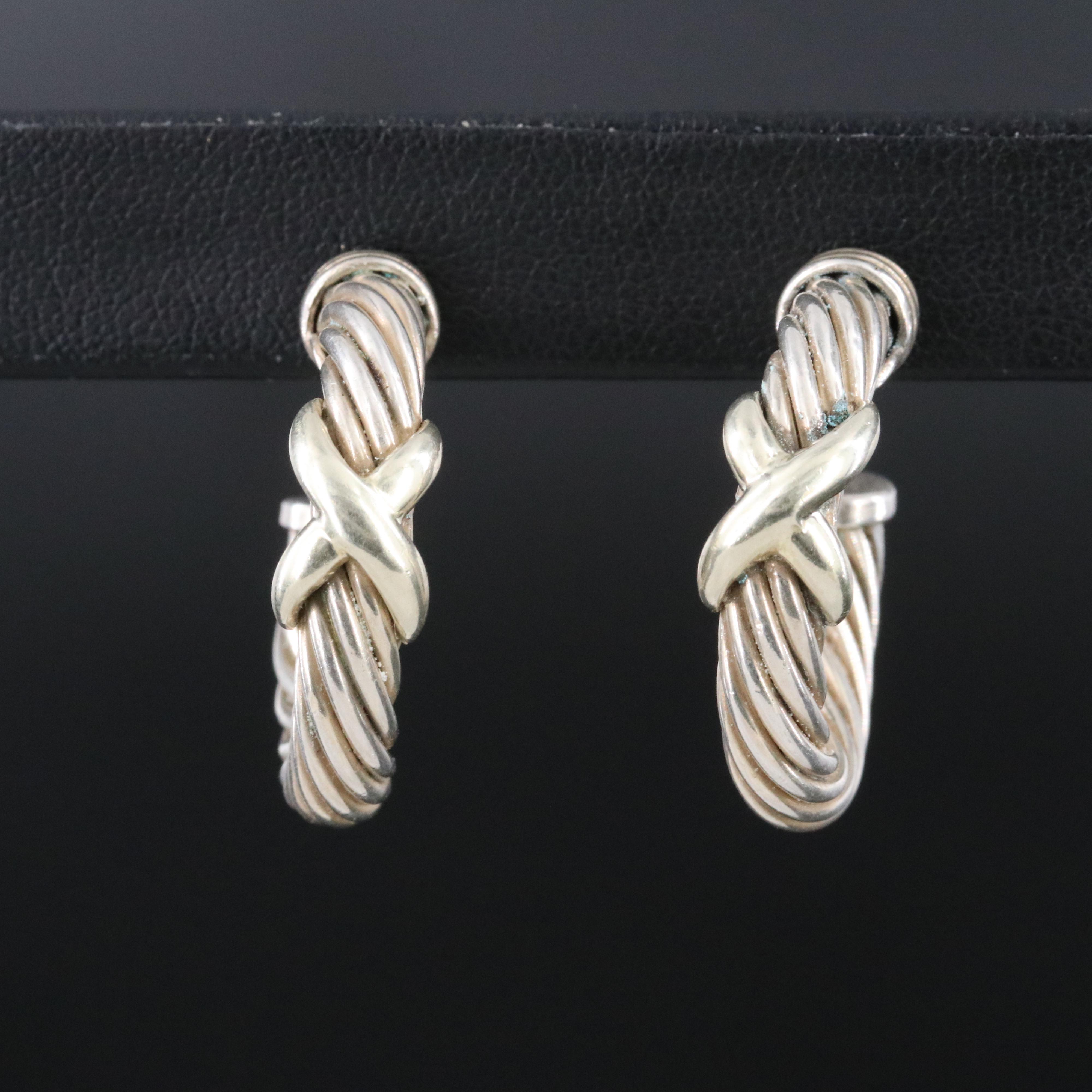 David Yurman Sterling 14K X Cable Classic Hoop Earrings