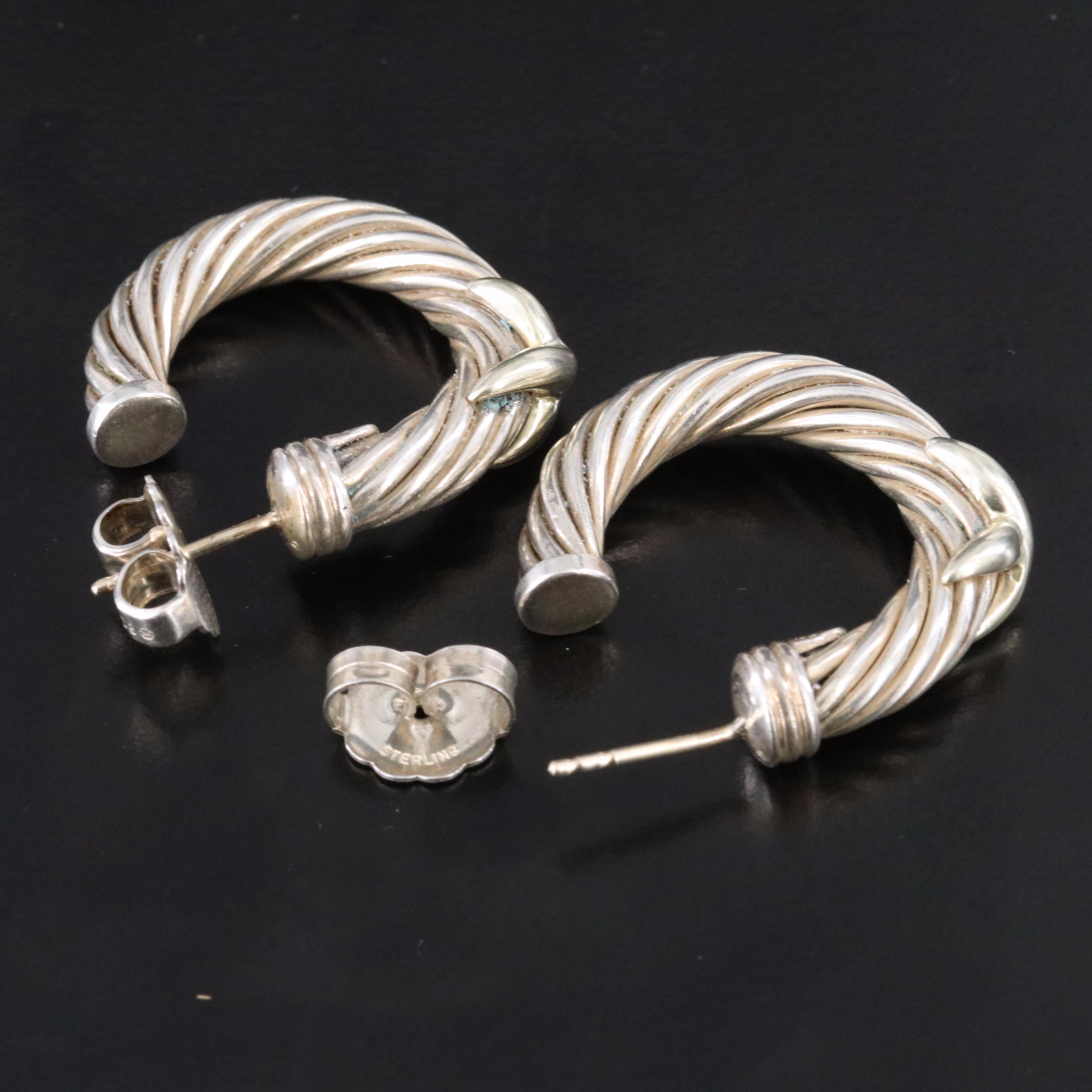 David Yurman Sterling 14K X Cable Classic Hoop Earrings