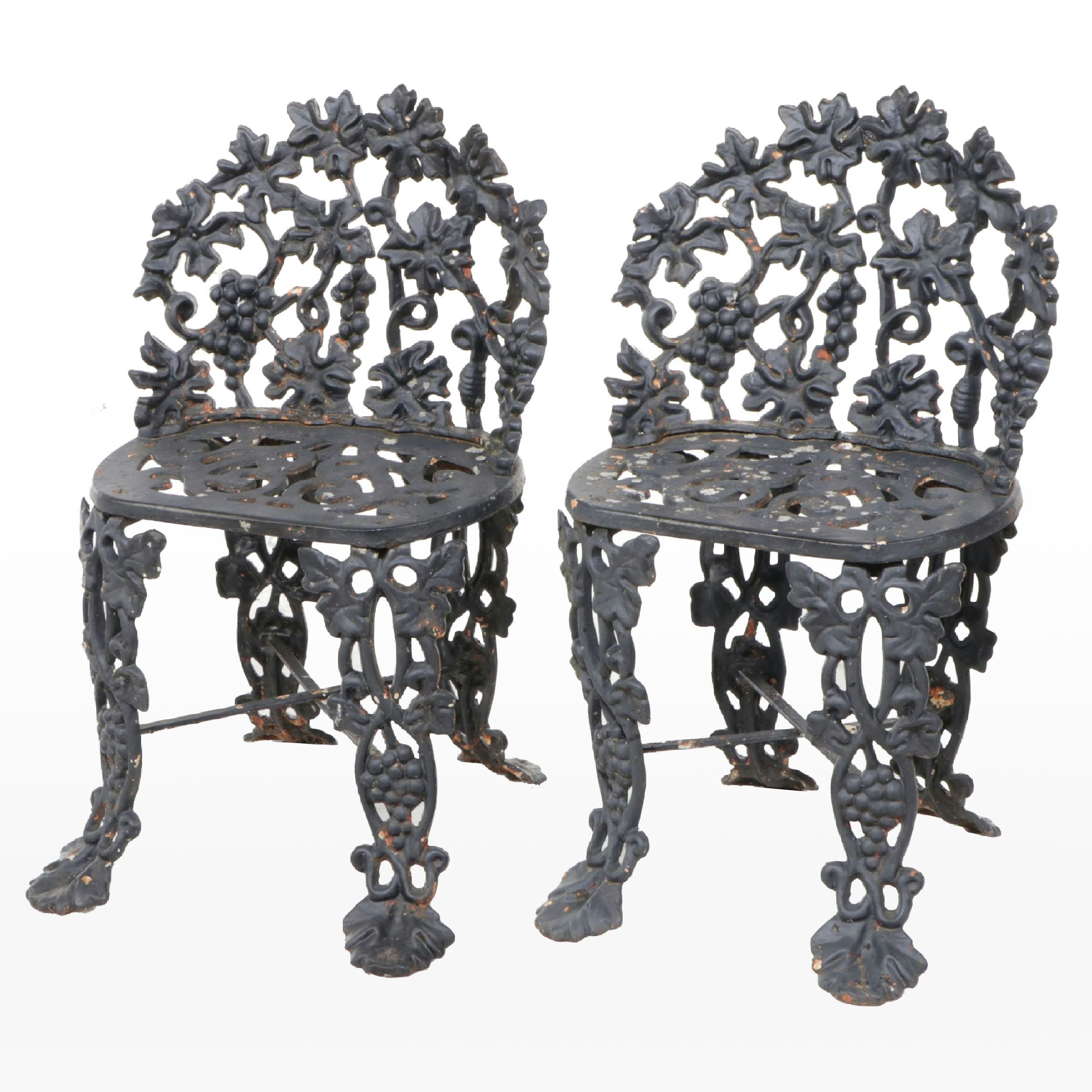 Pair of Victorian Style Painted Cast Metal Grapevine Garden Seats, 20th Century