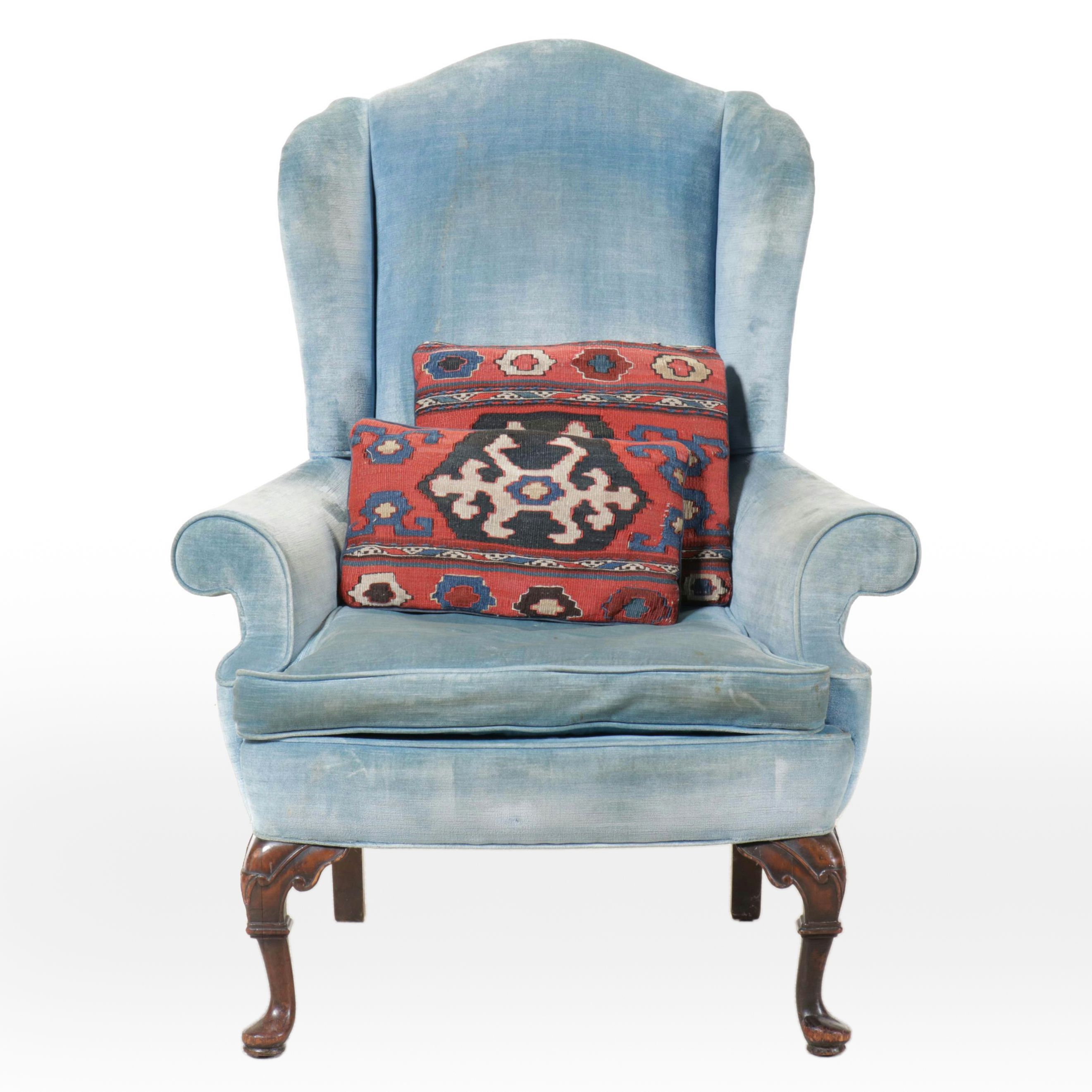 Queen Anne Style Blue Velvet Armchair