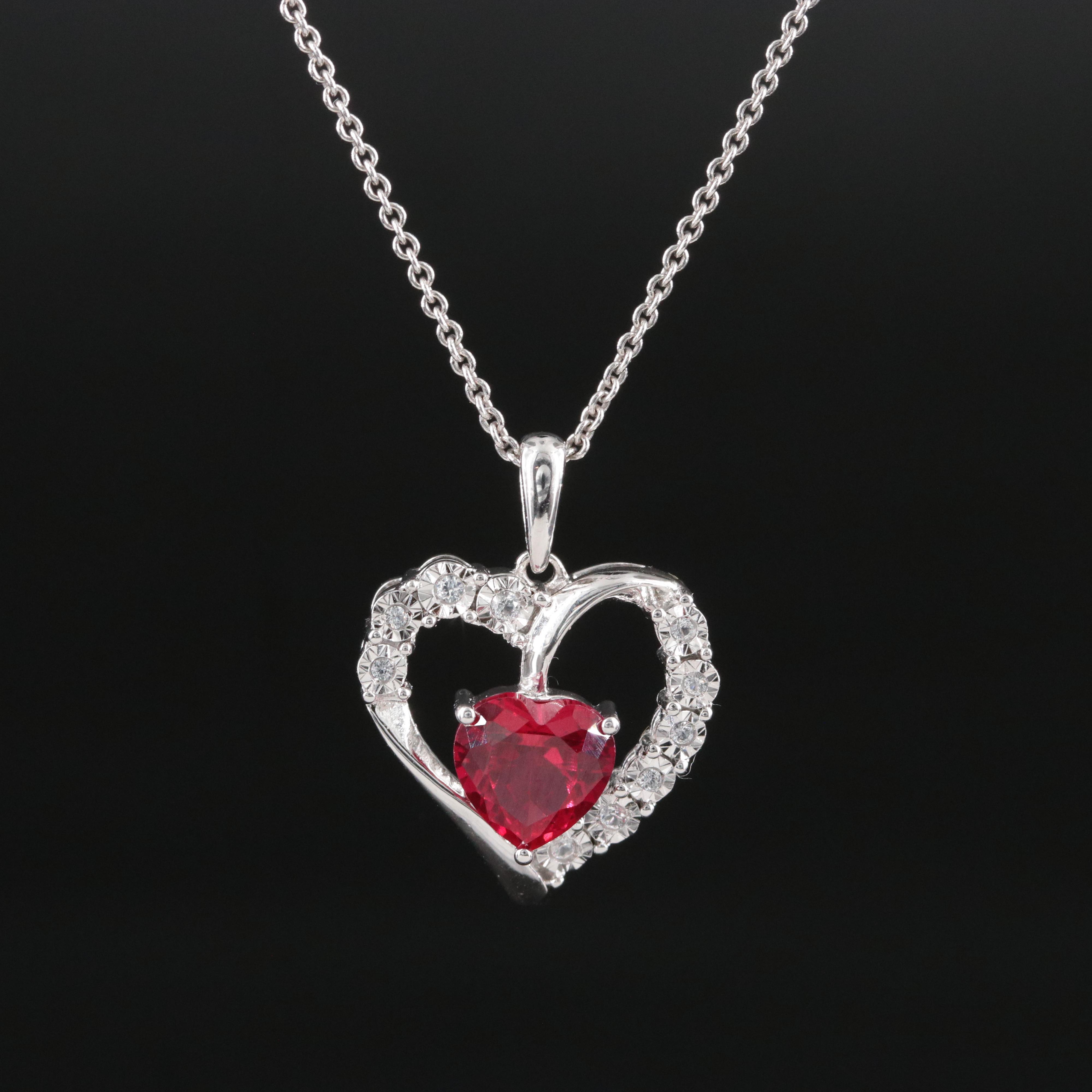 Sterling Ruby and Diamond Heart Pendant Necklace