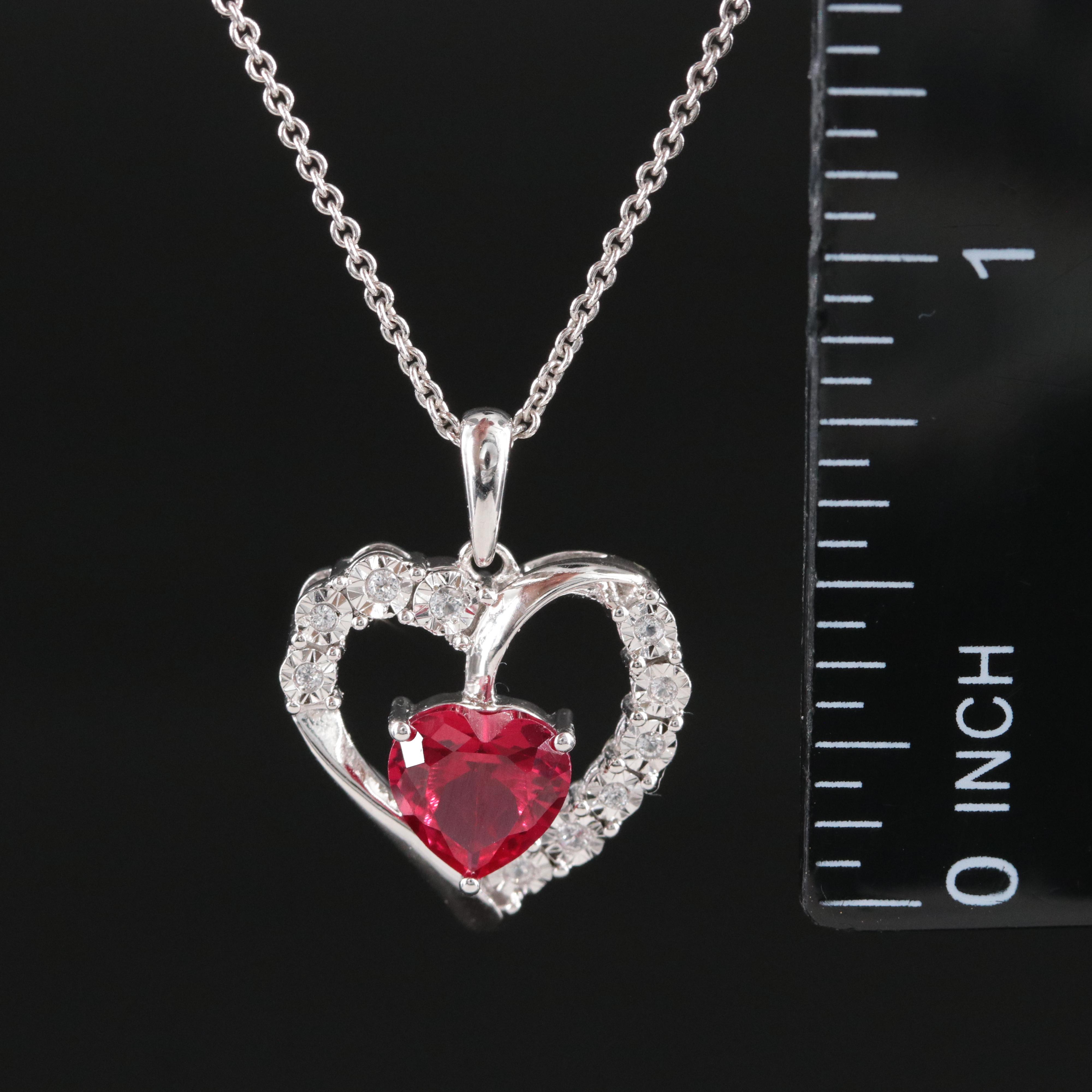 Sterling Ruby and Diamond Heart Pendant Necklace