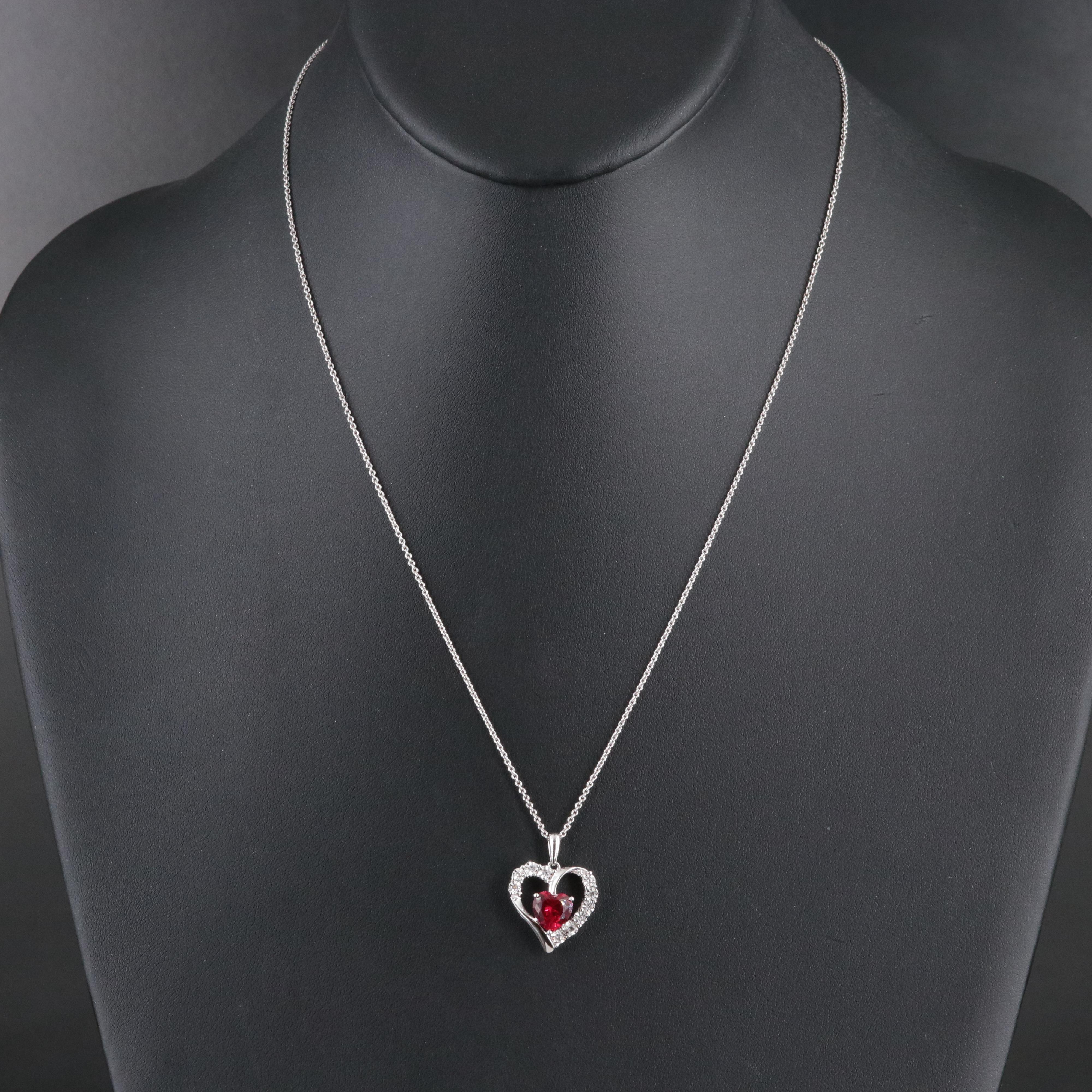 Sterling Ruby and Diamond Heart Pendant Necklace