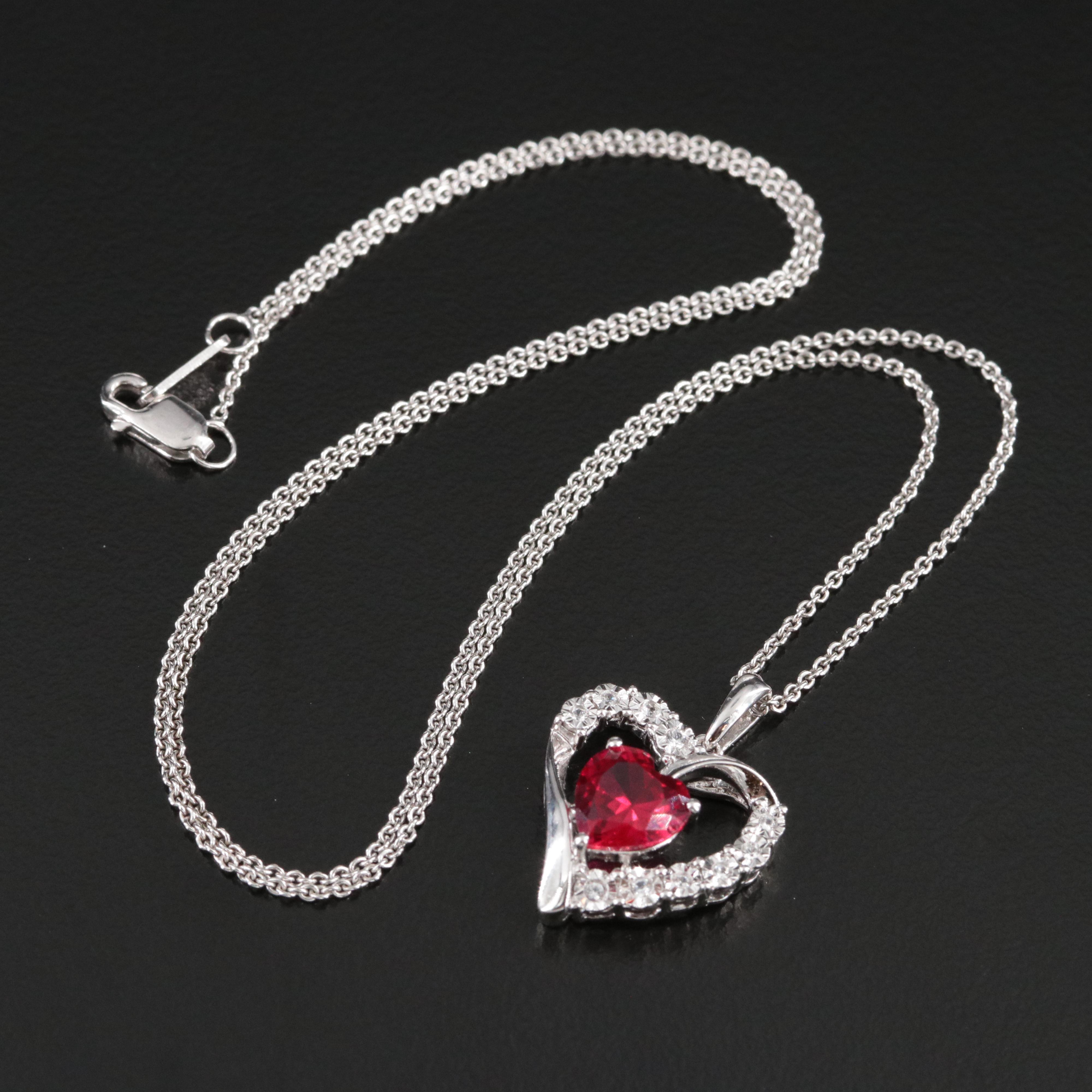 Sterling Ruby and Diamond Heart Pendant Necklace