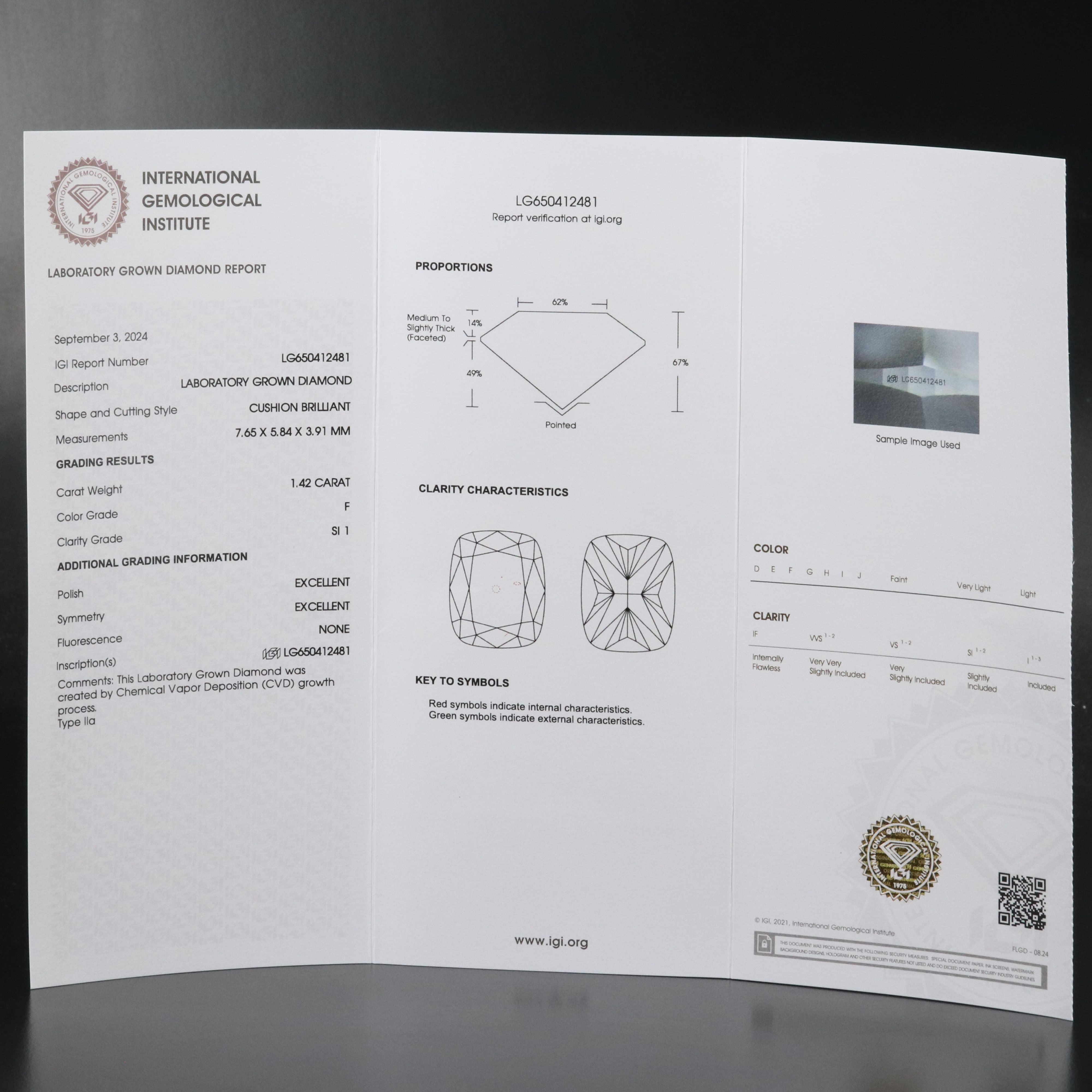 Loose 1.42 CT Lab Grown Diamond with IGI Report