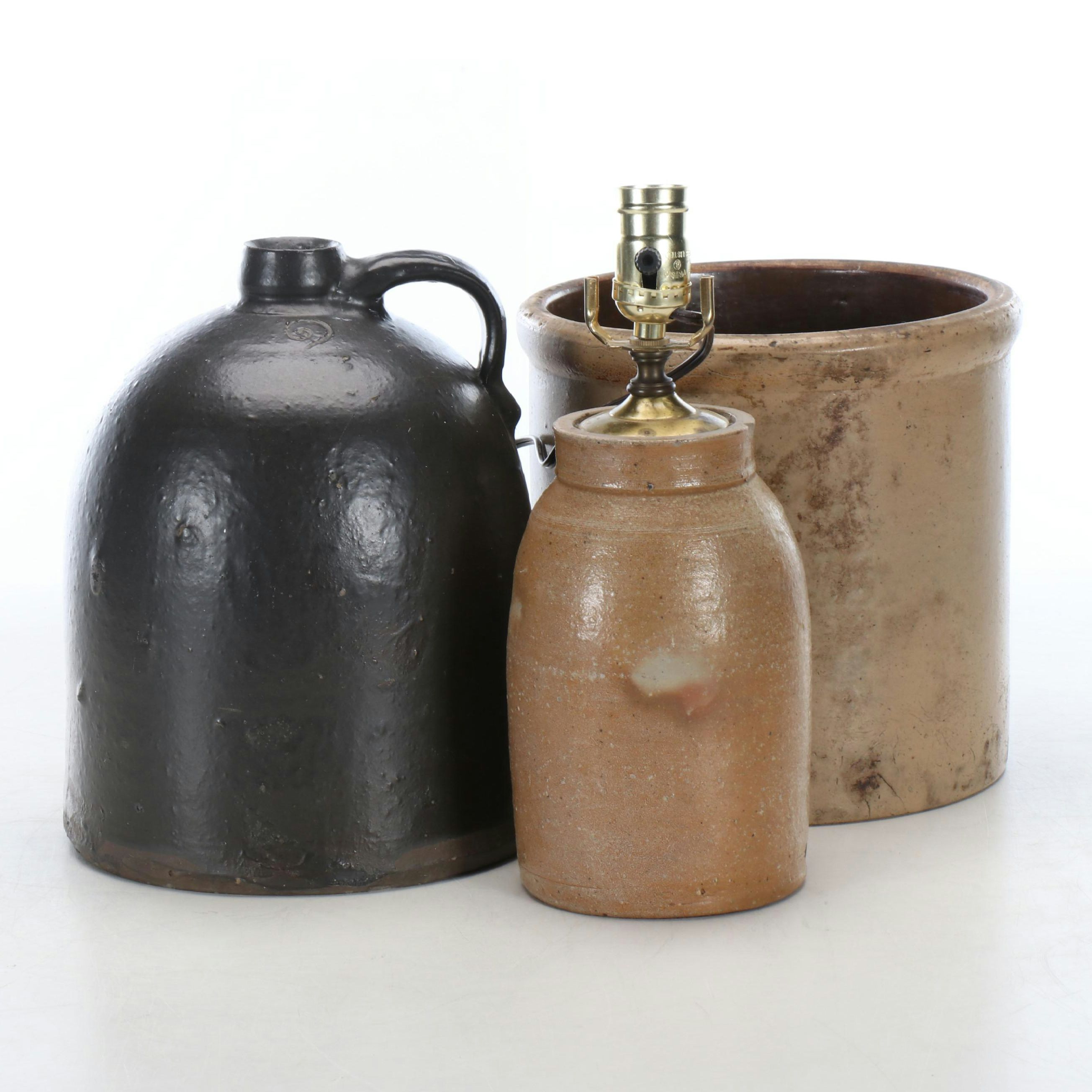 American Two-Gallon Stoneware Jug with Wax Sealer Jar Lamp and Other Crock
