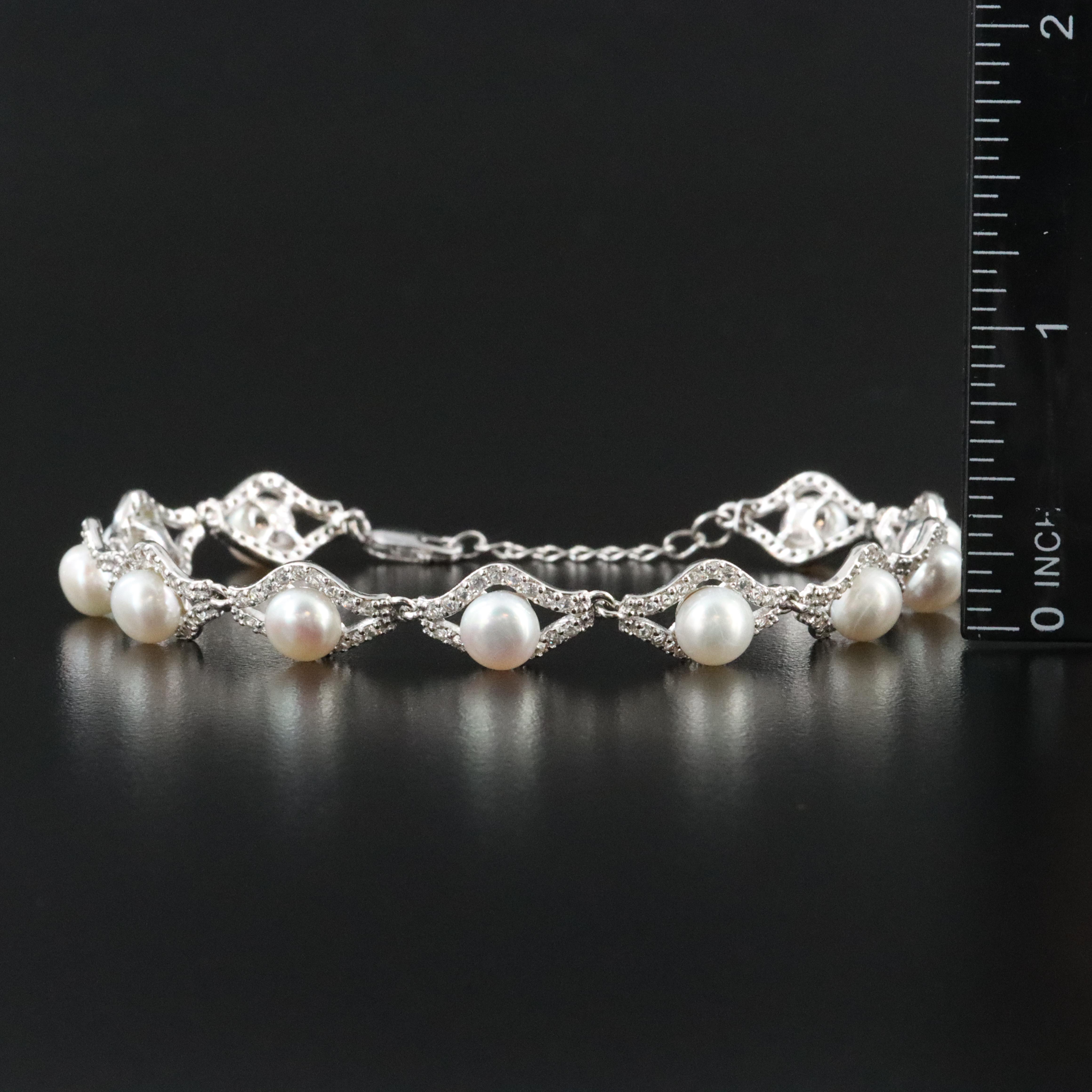 Sterling Pearl and White Sapphire Link Bracelet