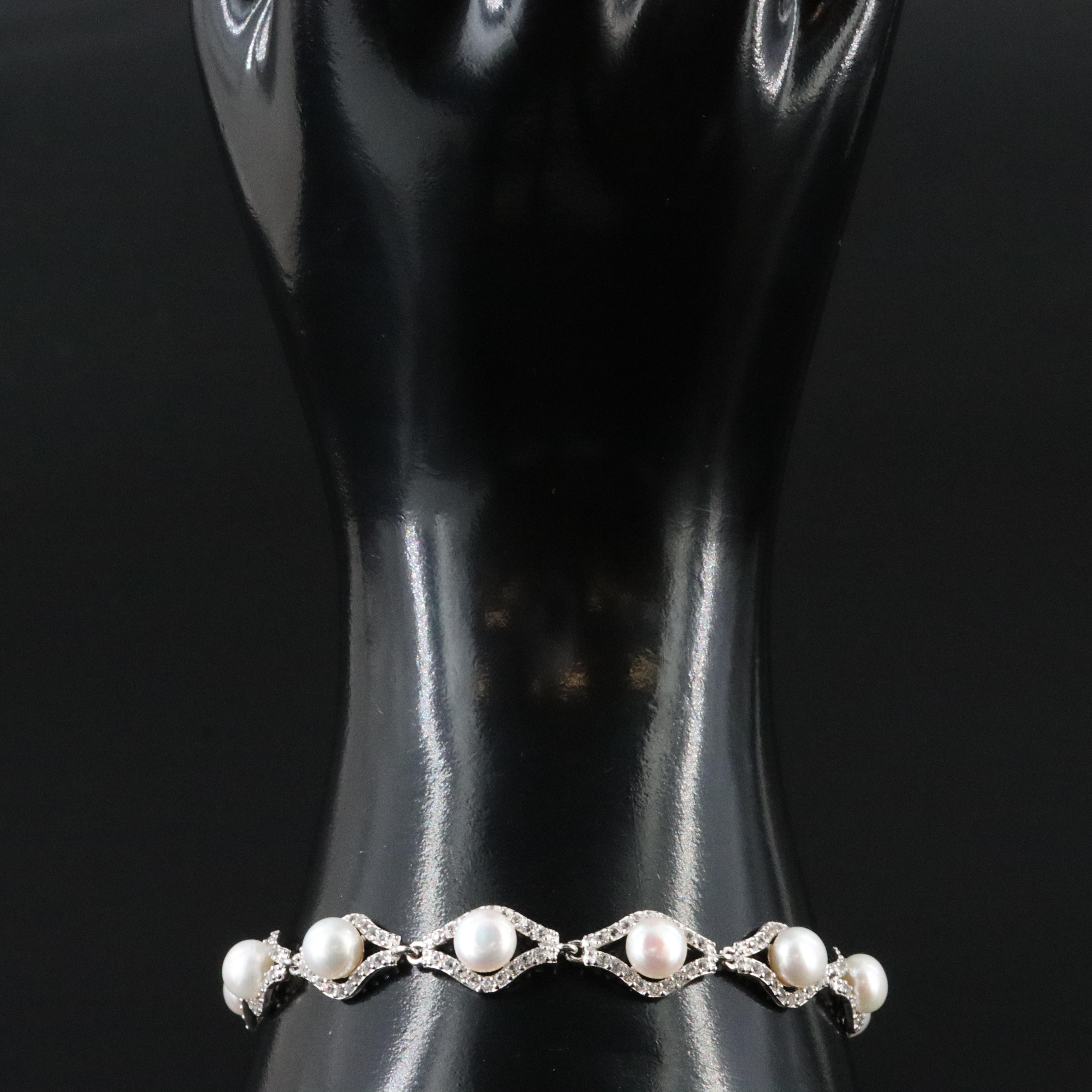Sterling Pearl and White Sapphire Link Bracelet