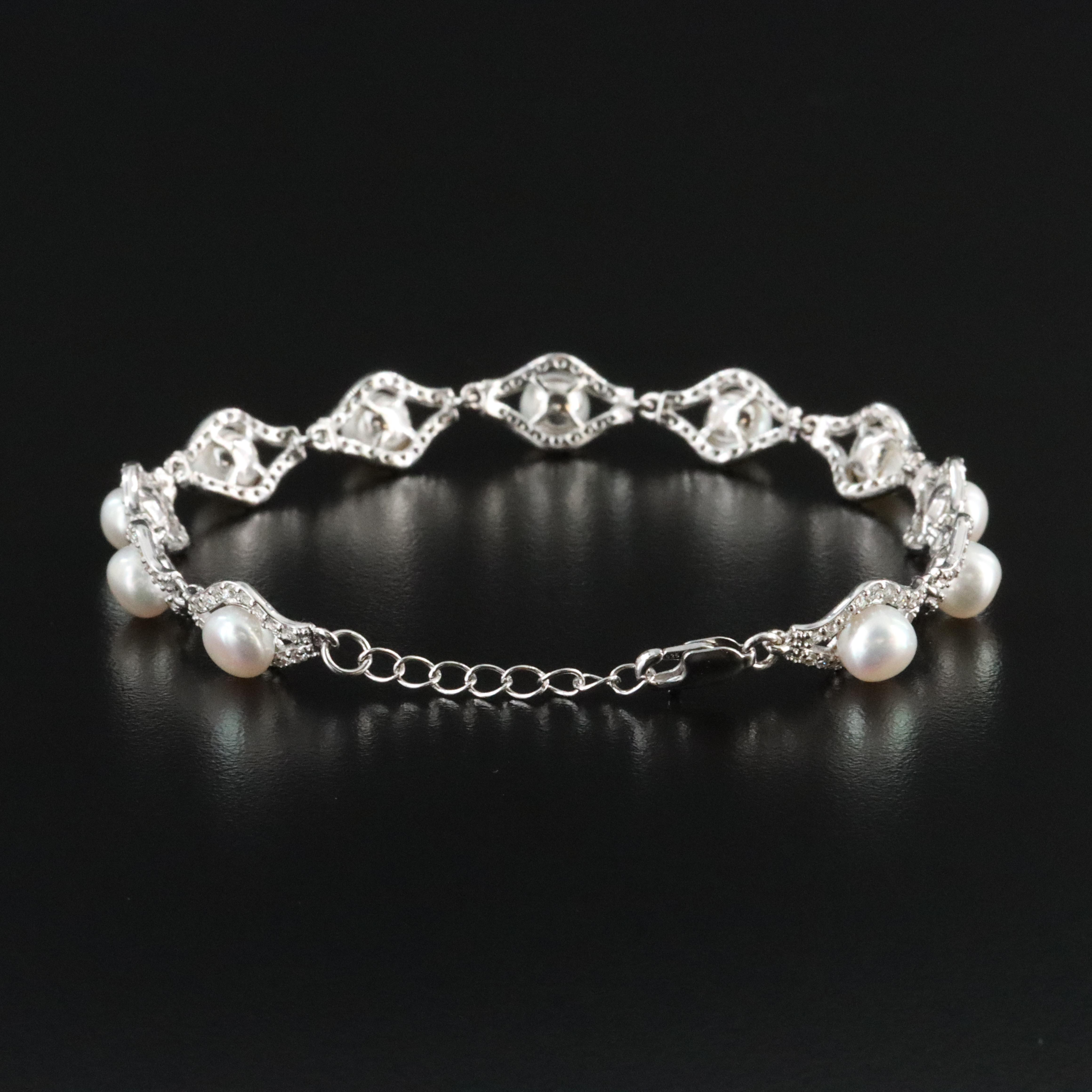 Sterling Pearl and White Sapphire Link Bracelet