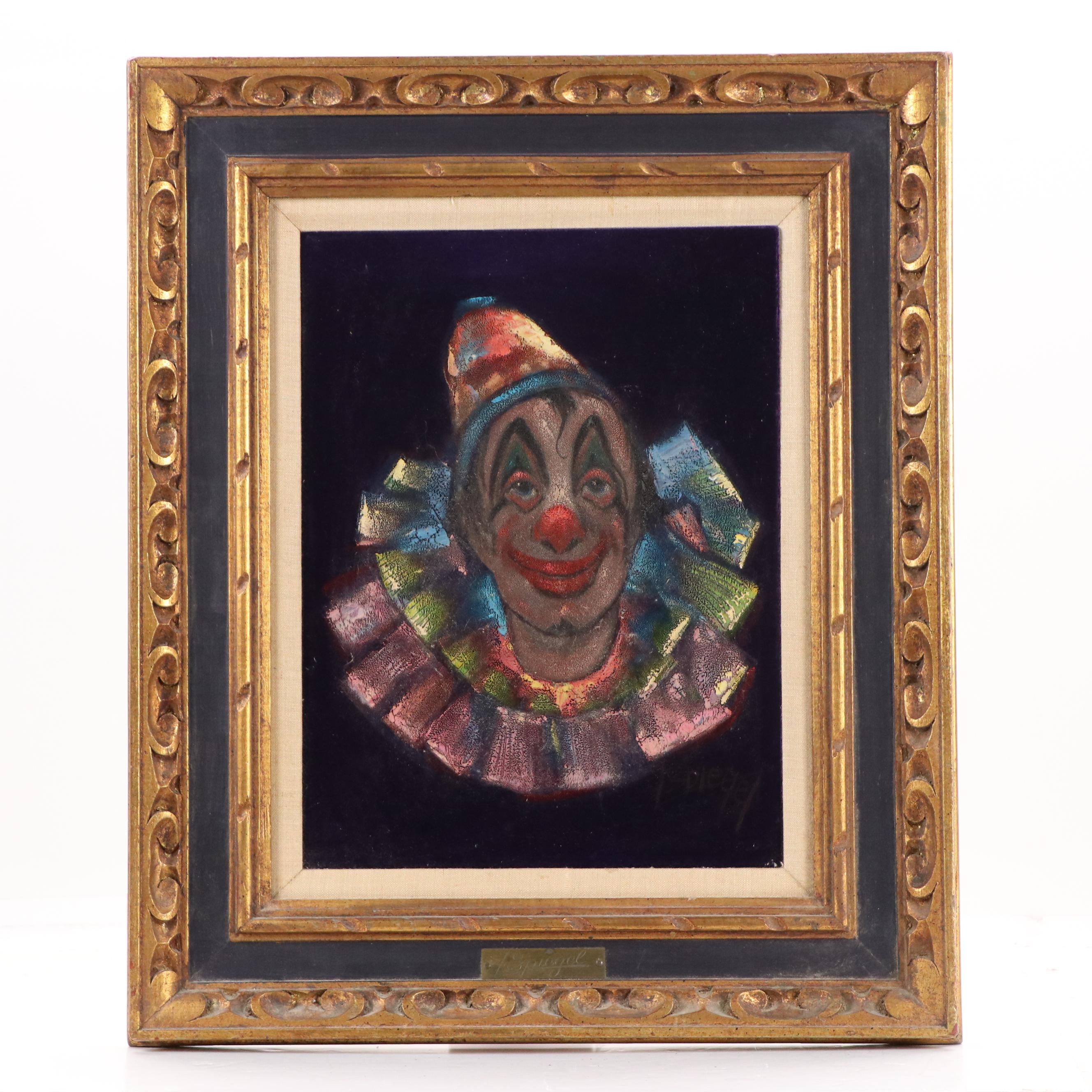 Louis Spiegel Oil on Velvet Painting of Clown, Mid to Late 20th C.