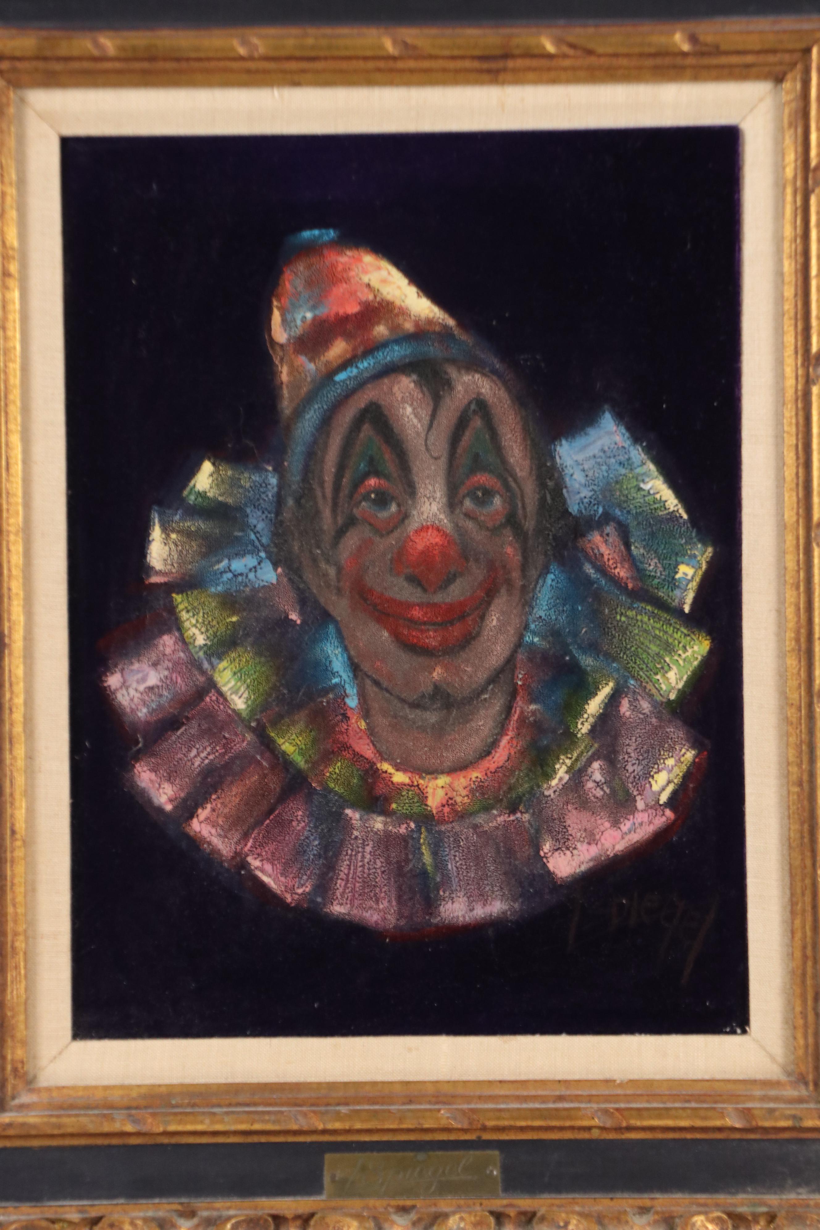 Louis Spiegel Oil on Velvet Painting of Clown, Mid to Late 20th C.