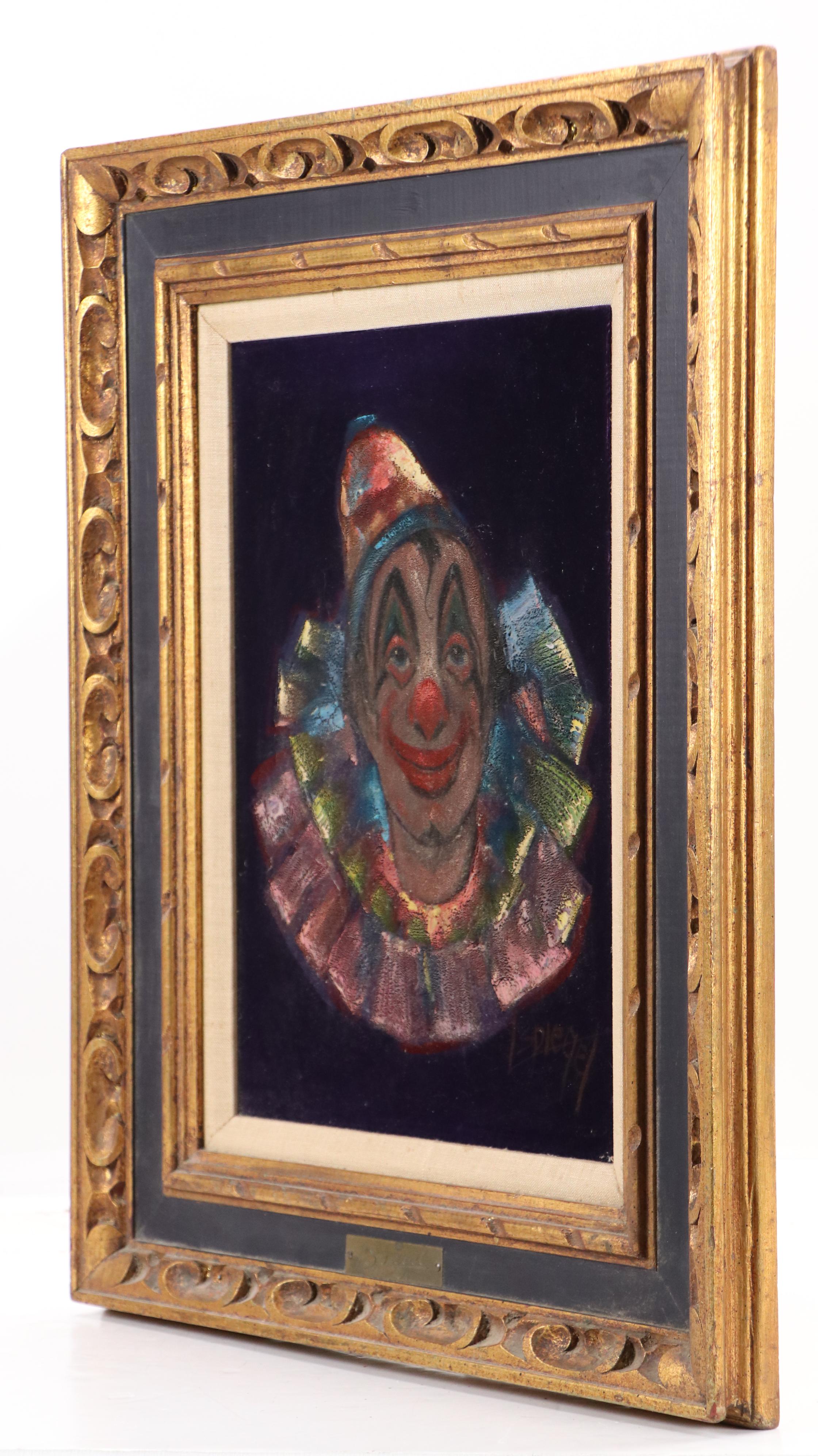 Louis Spiegel Oil on Velvet Painting of Clown, Mid to Late 20th C.