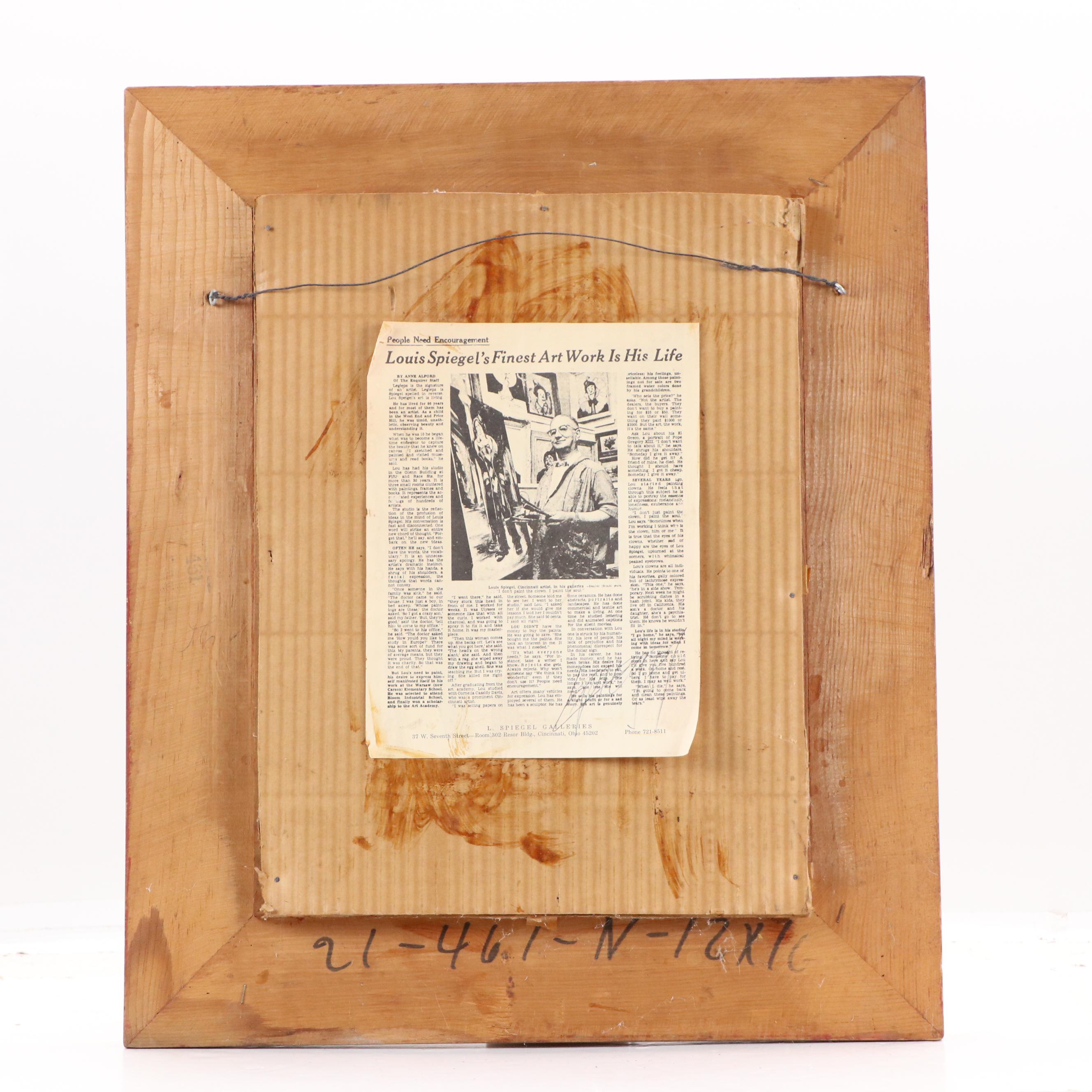 Louis Spiegel Oil on Velvet Painting of Clown, Mid to Late 20th C.