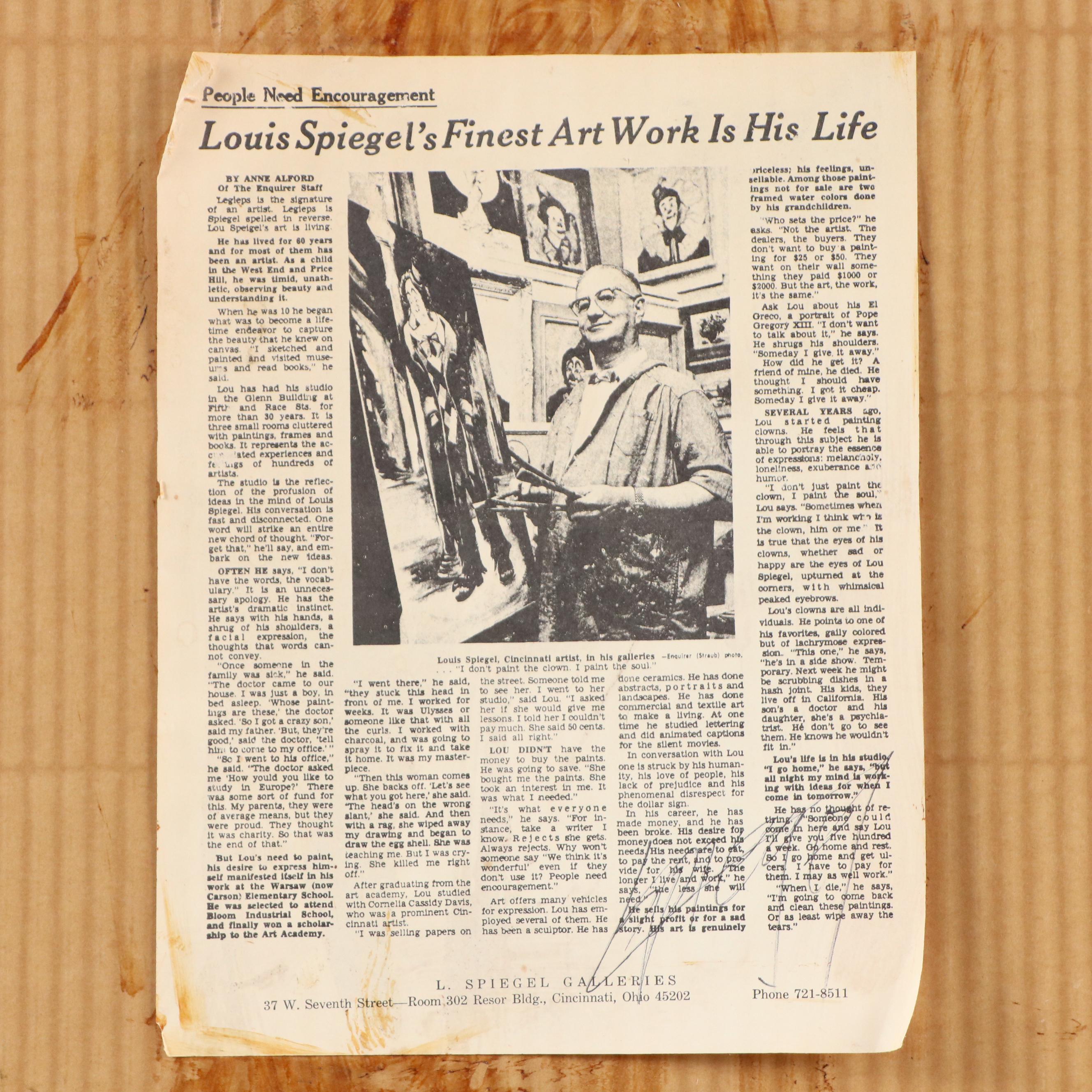 Louis Spiegel Oil on Velvet Painting of Clown, Mid to Late 20th C.