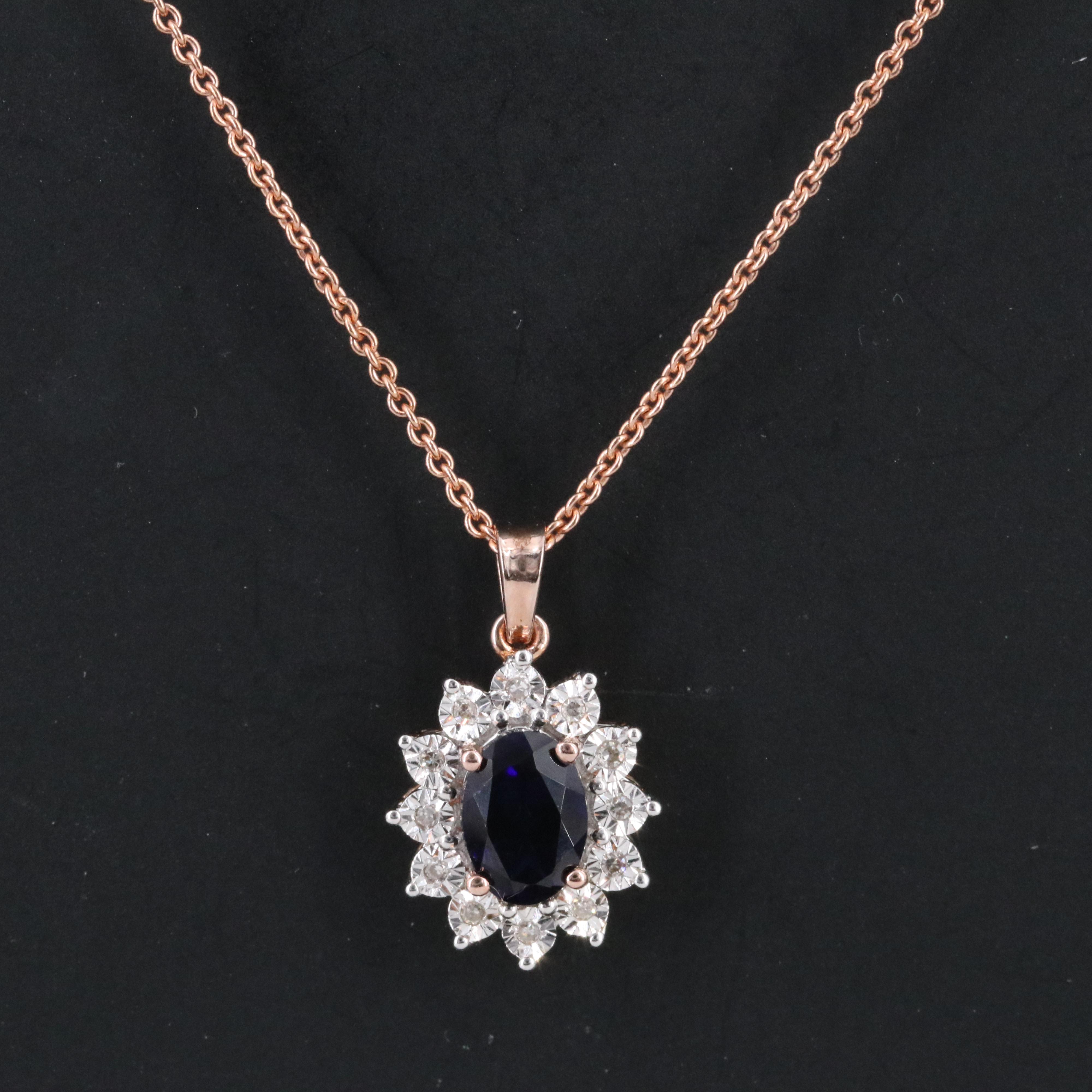 Sterling Sapphire and Diamond Pendant Necklace in Rose Tone