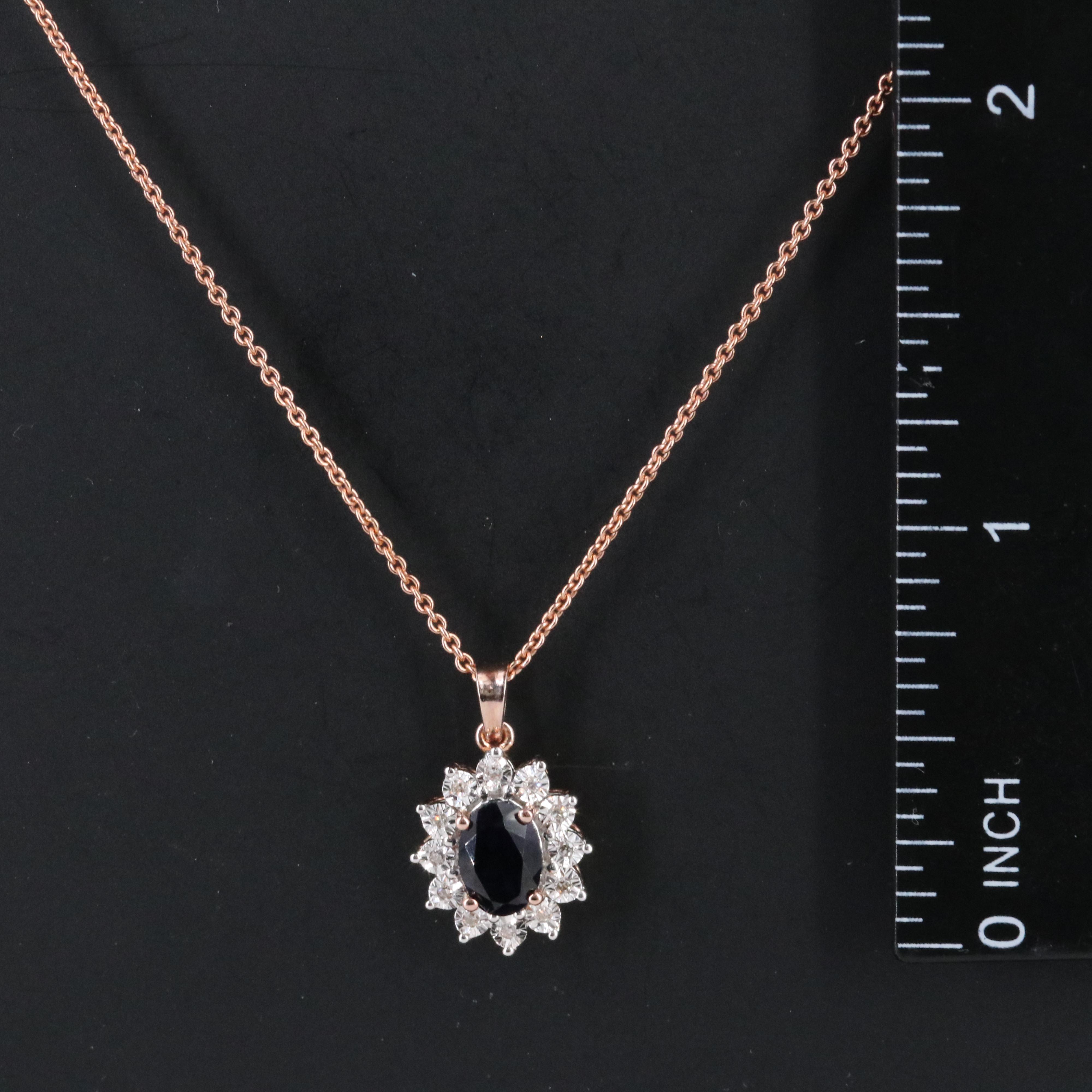 Sterling Sapphire and Diamond Pendant Necklace in Rose Tone