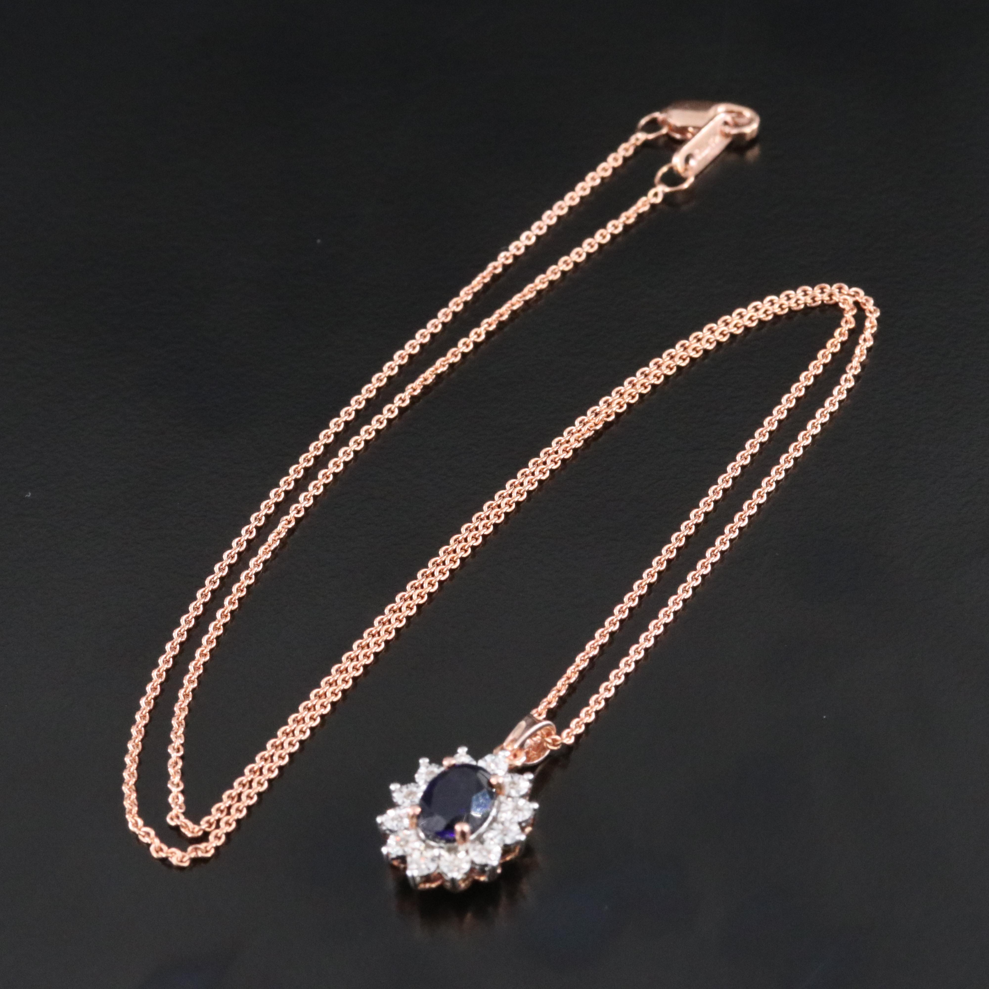 Sterling Sapphire and Diamond Pendant Necklace in Rose Tone