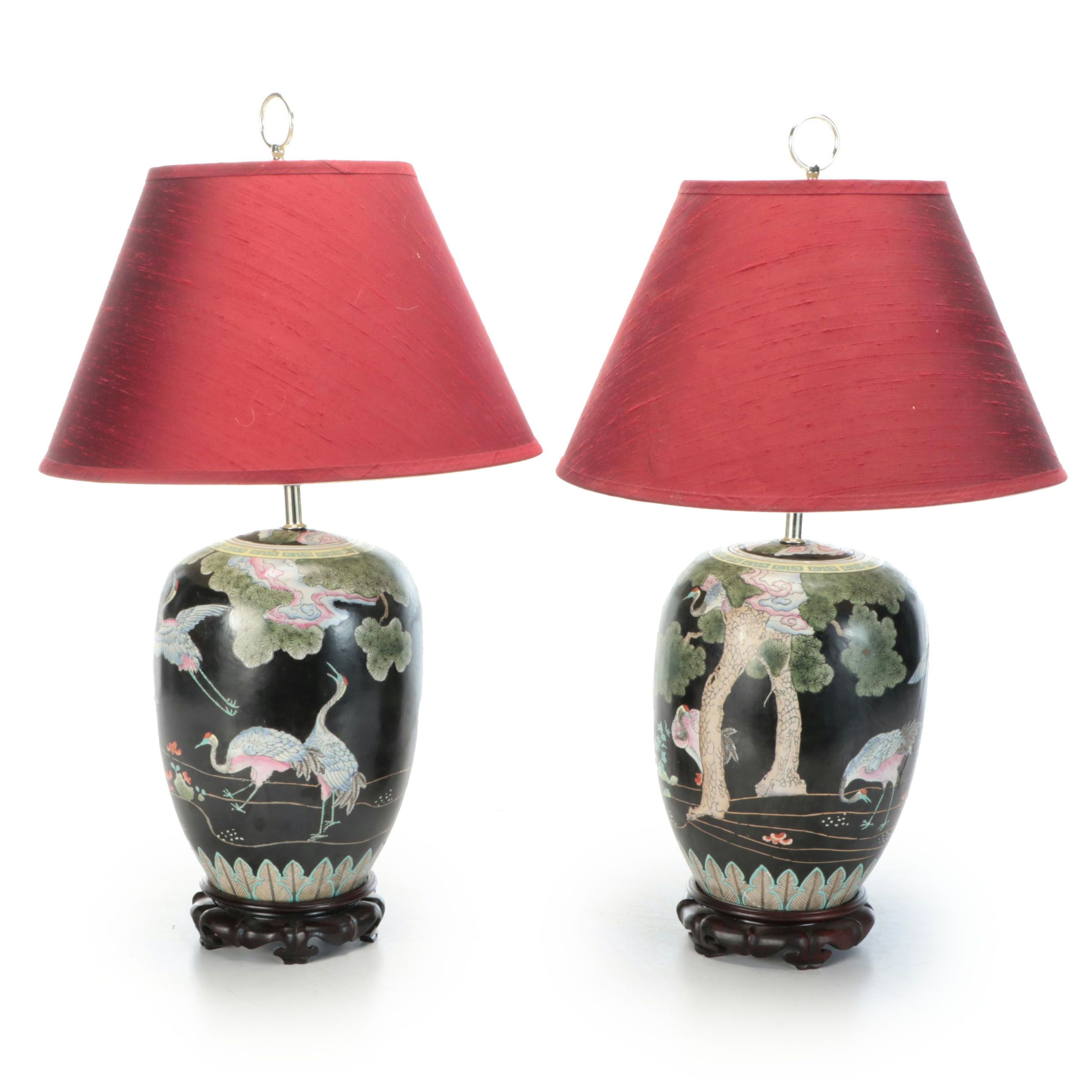 Chinese Famille Noire Porcelain Melon Jar Table Lamps with Red Silk Shades