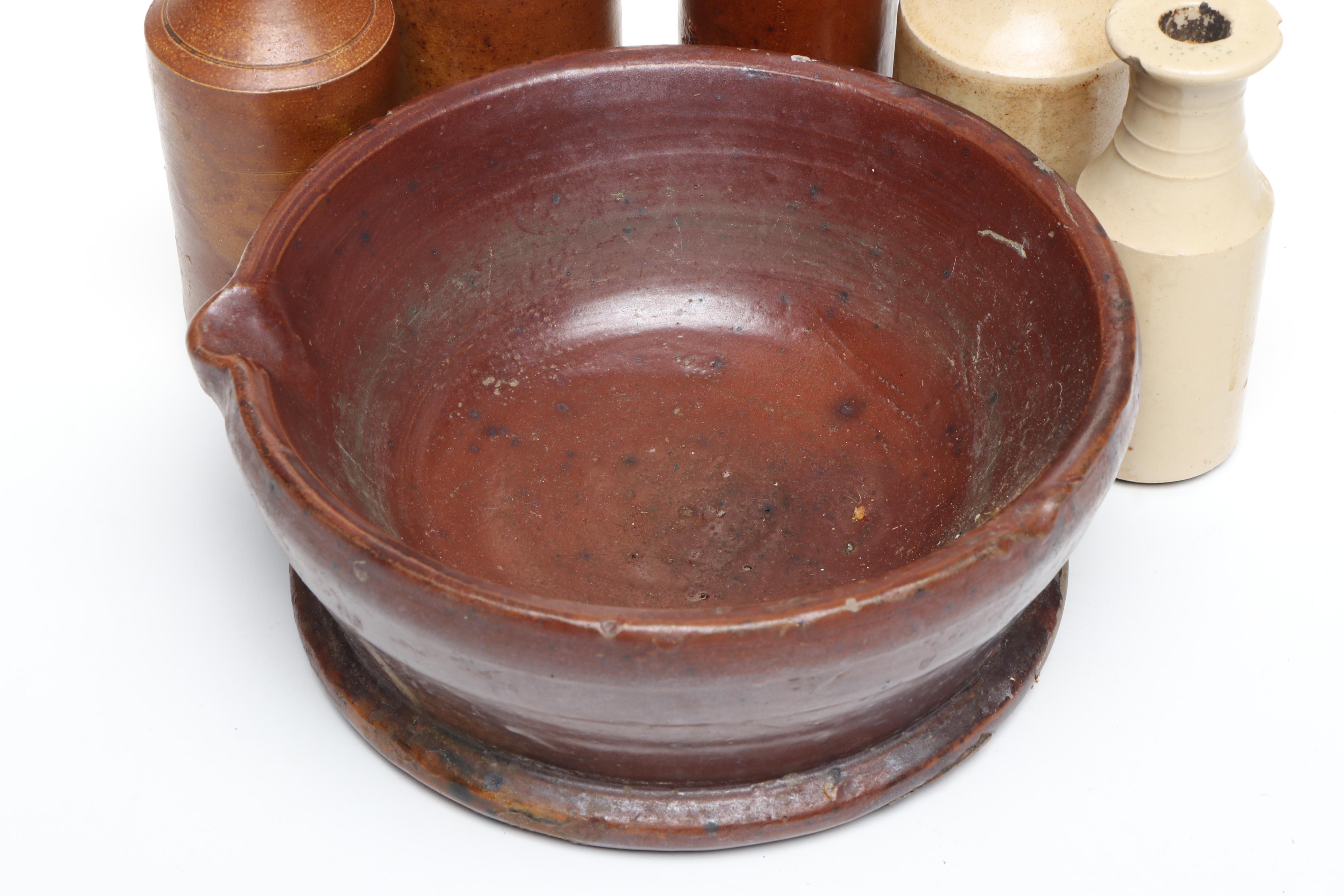 J. Bourne & Son with Other Stoneware Bottles and Redware Bowl with Spout