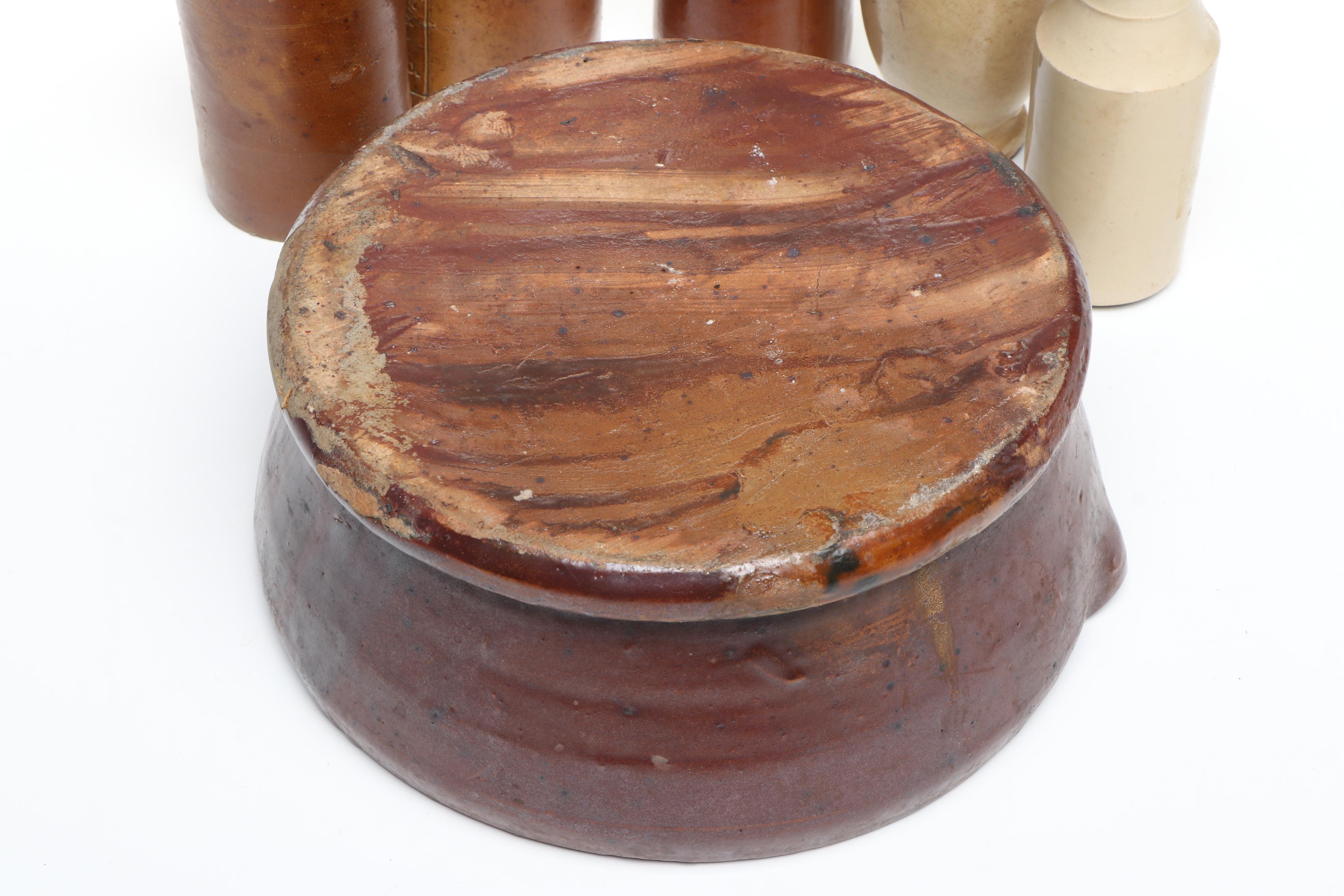 J. Bourne & Son with Other Stoneware Bottles and Redware Bowl with Spout