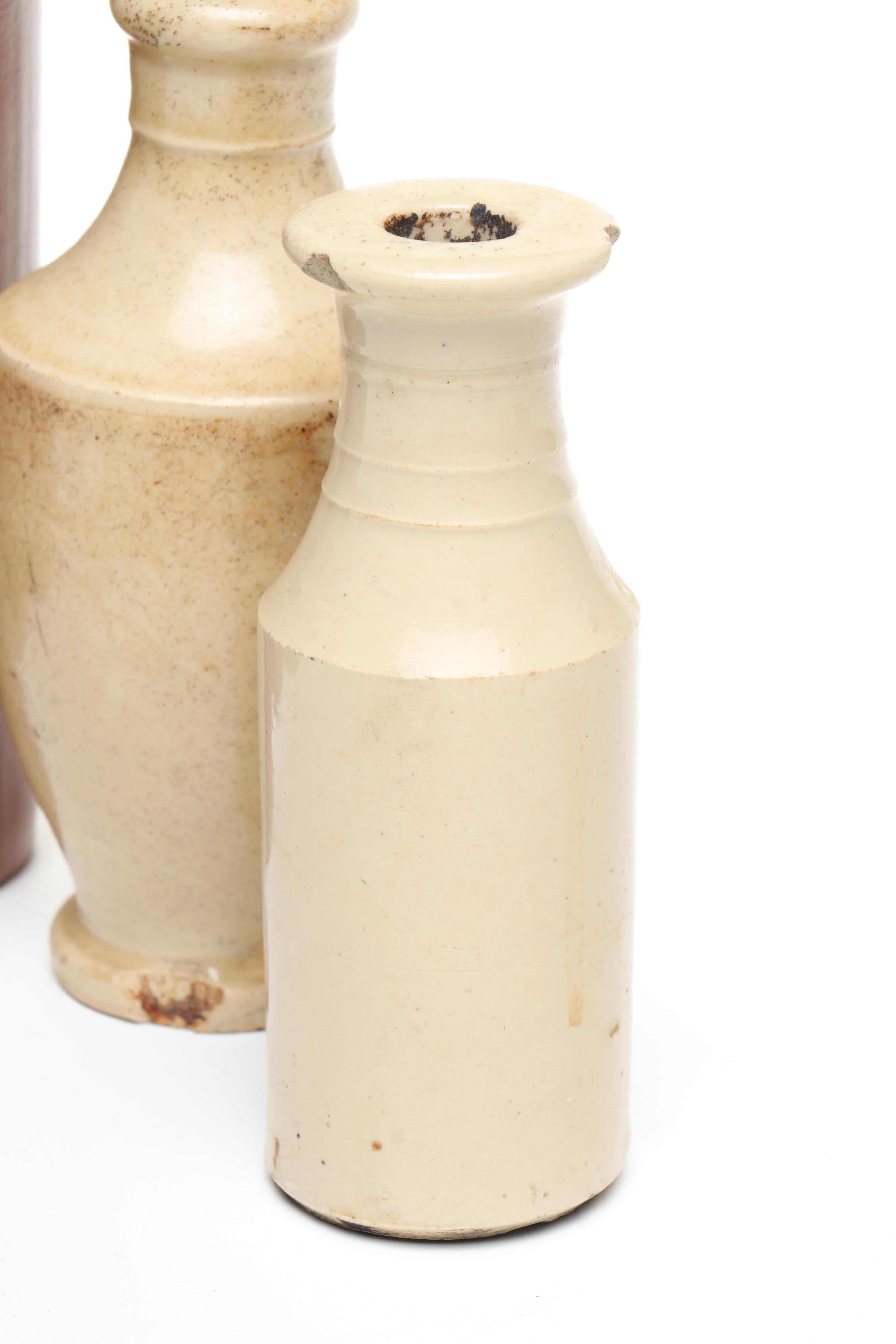 J. Bourne & Son with Other Stoneware Bottles and Redware Bowl with Spout