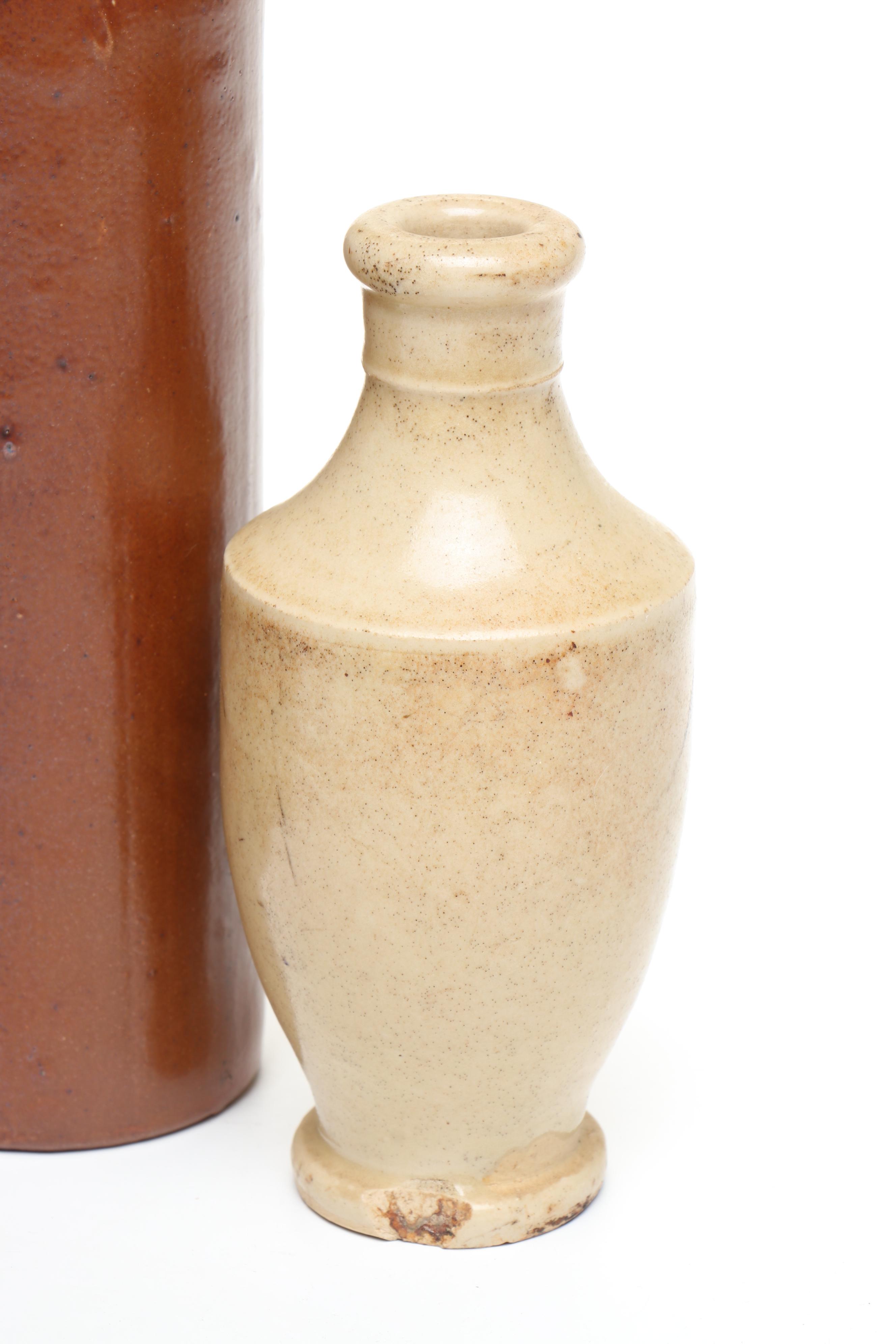 J. Bourne & Son with Other Stoneware Bottles and Redware Bowl with Spout