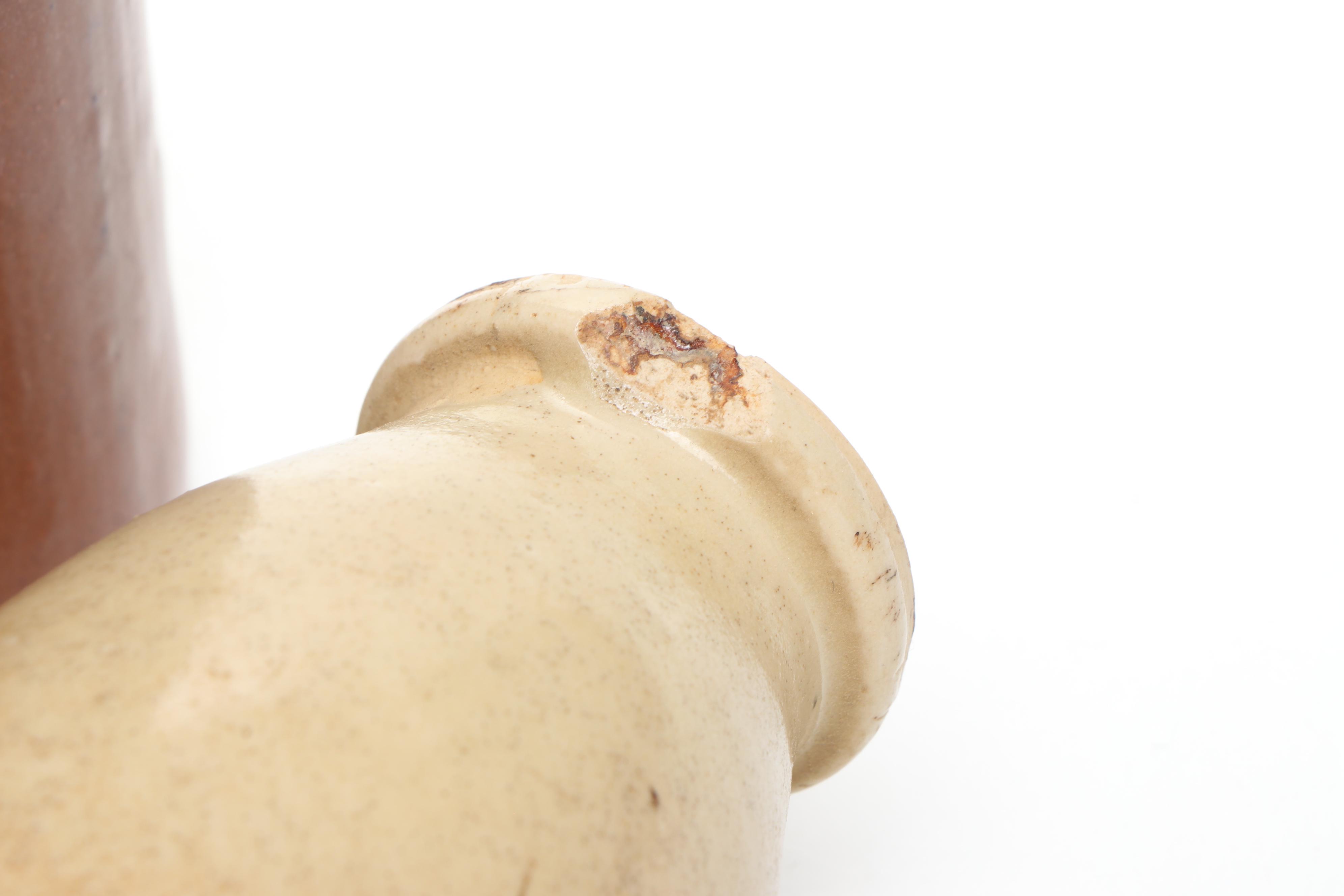 J. Bourne & Son with Other Stoneware Bottles and Redware Bowl with Spout