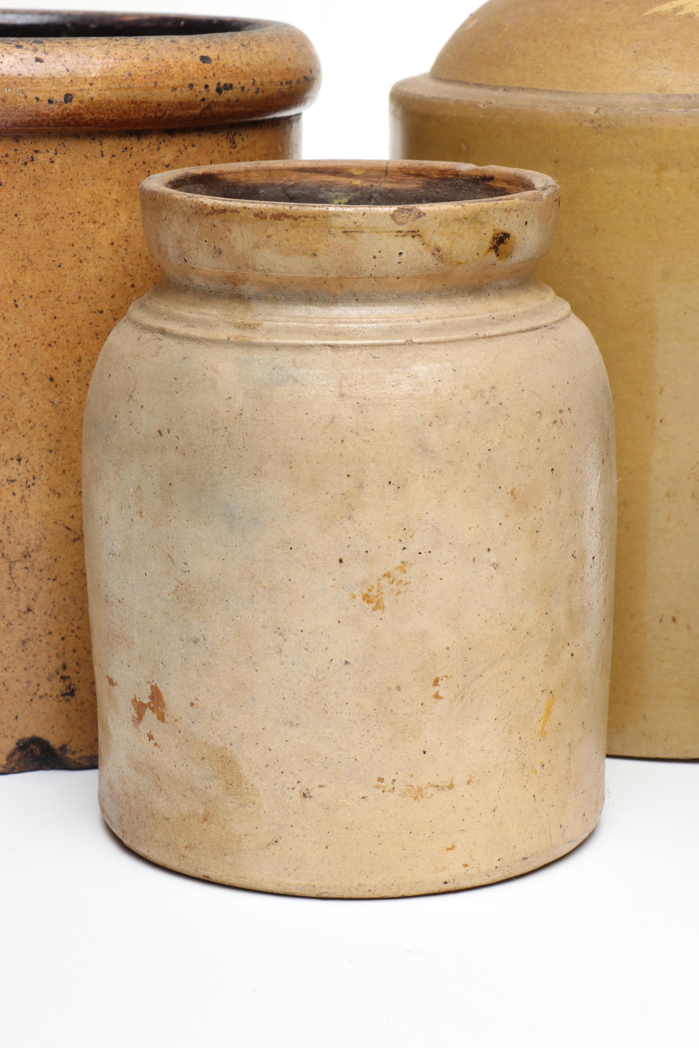 American Salt Glazed Stoneware Jug and Crocks, 19th Century