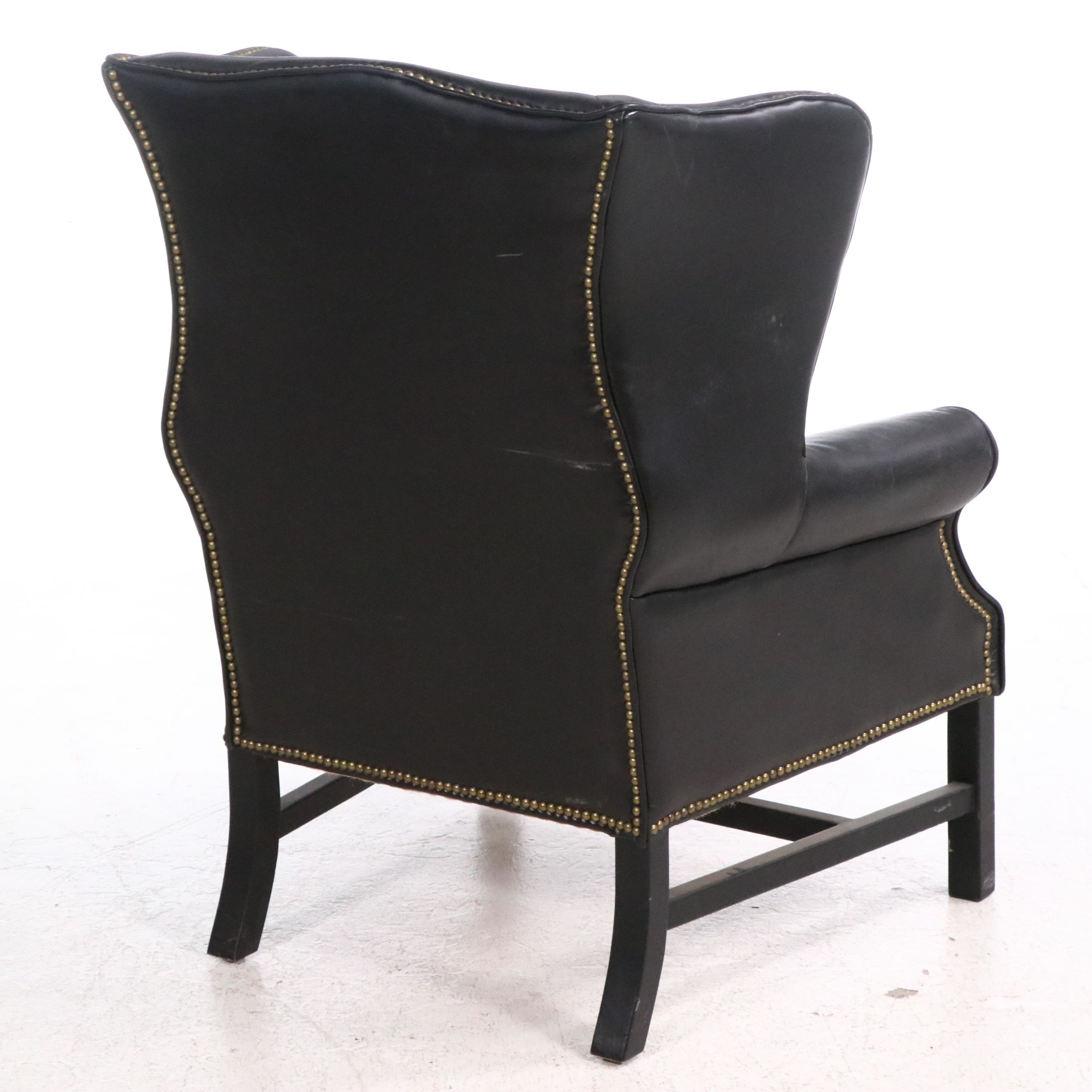 Contemporary Black Leather Wingback Armchair with Nailhead Trim