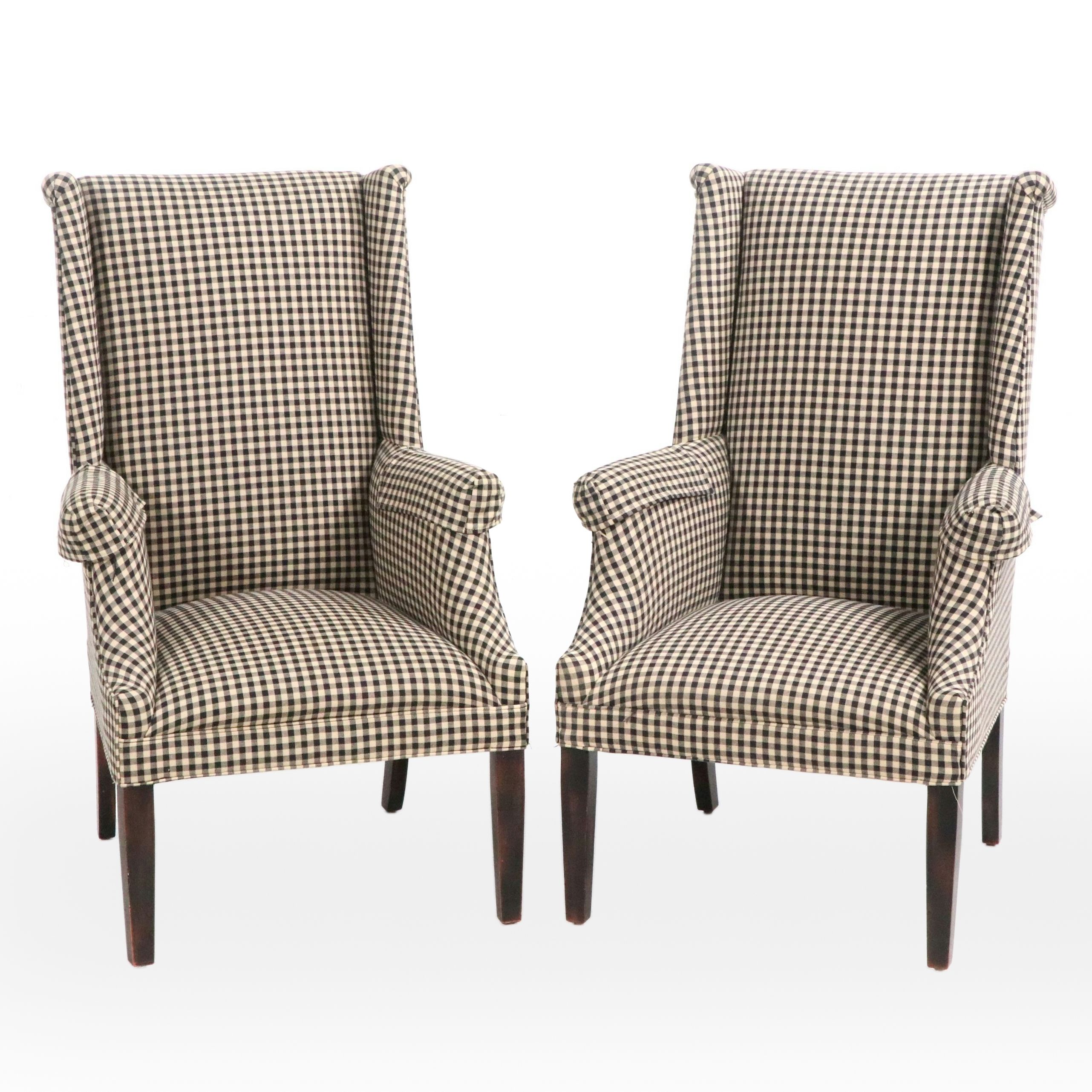 Pair of Black & White Gingham Upholstered Armchairs