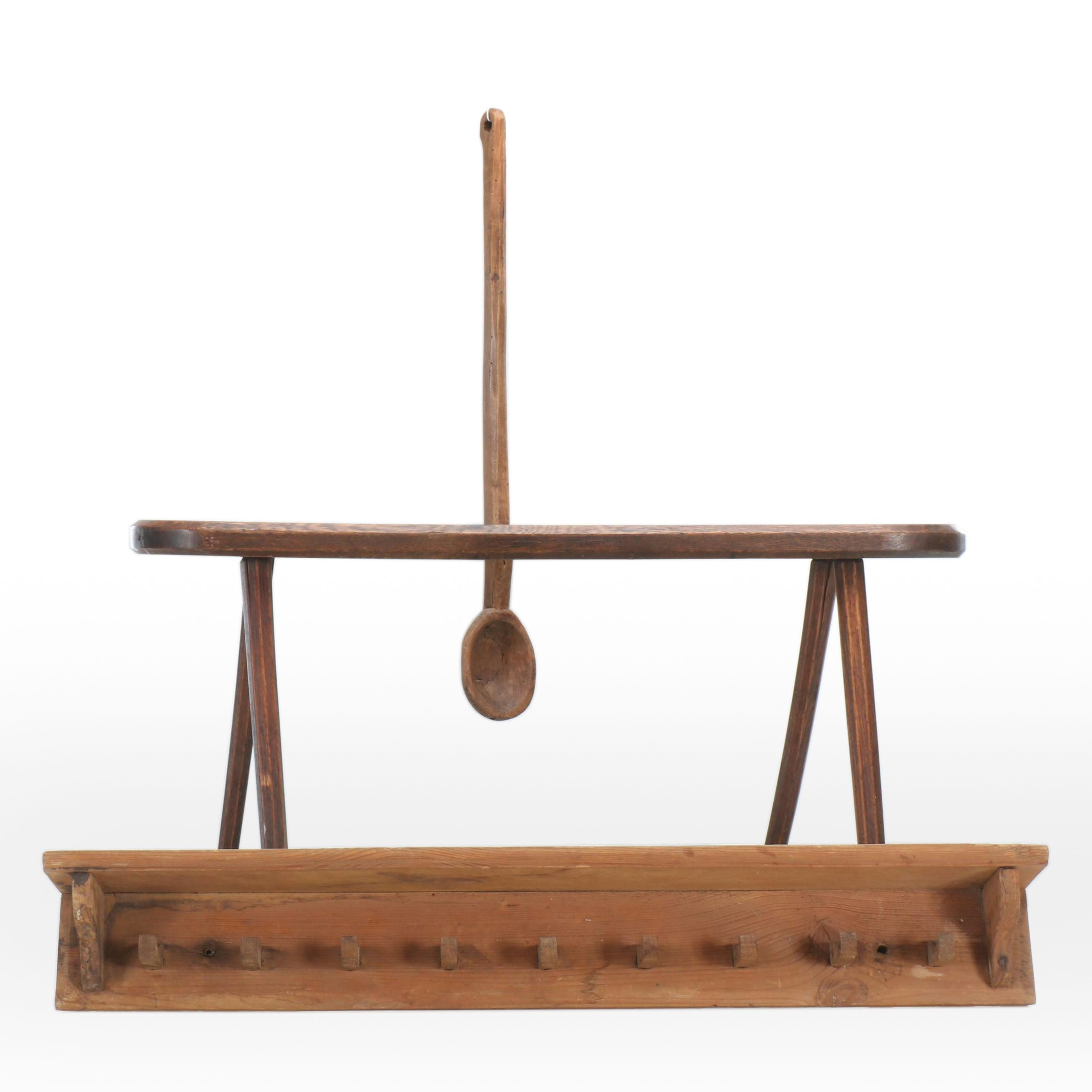 American Primitive Style Hand-Carved Oak Bench with Peg Coat Rack