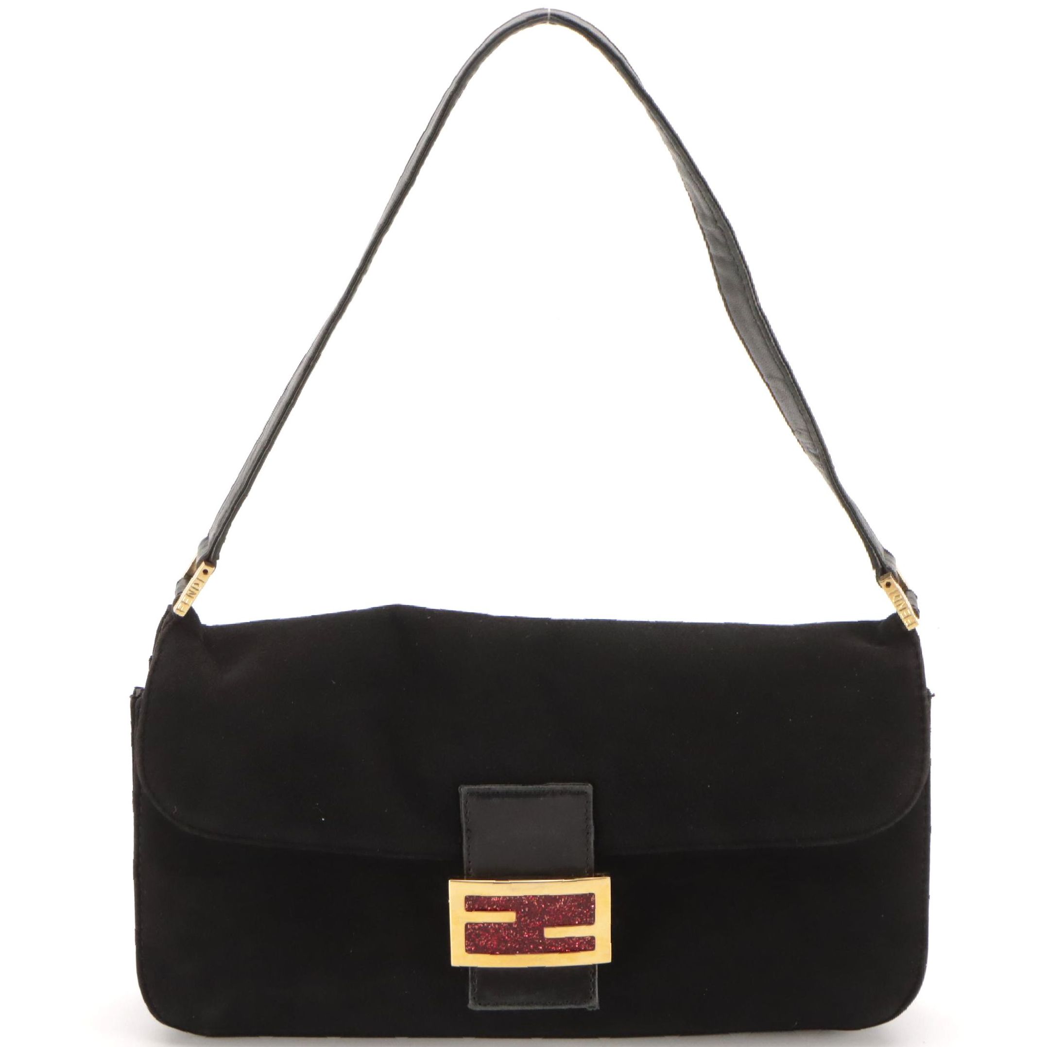 Fendi Mamma Baguette Shoulder Bag in Black Suede with Red Glittered FF Detail