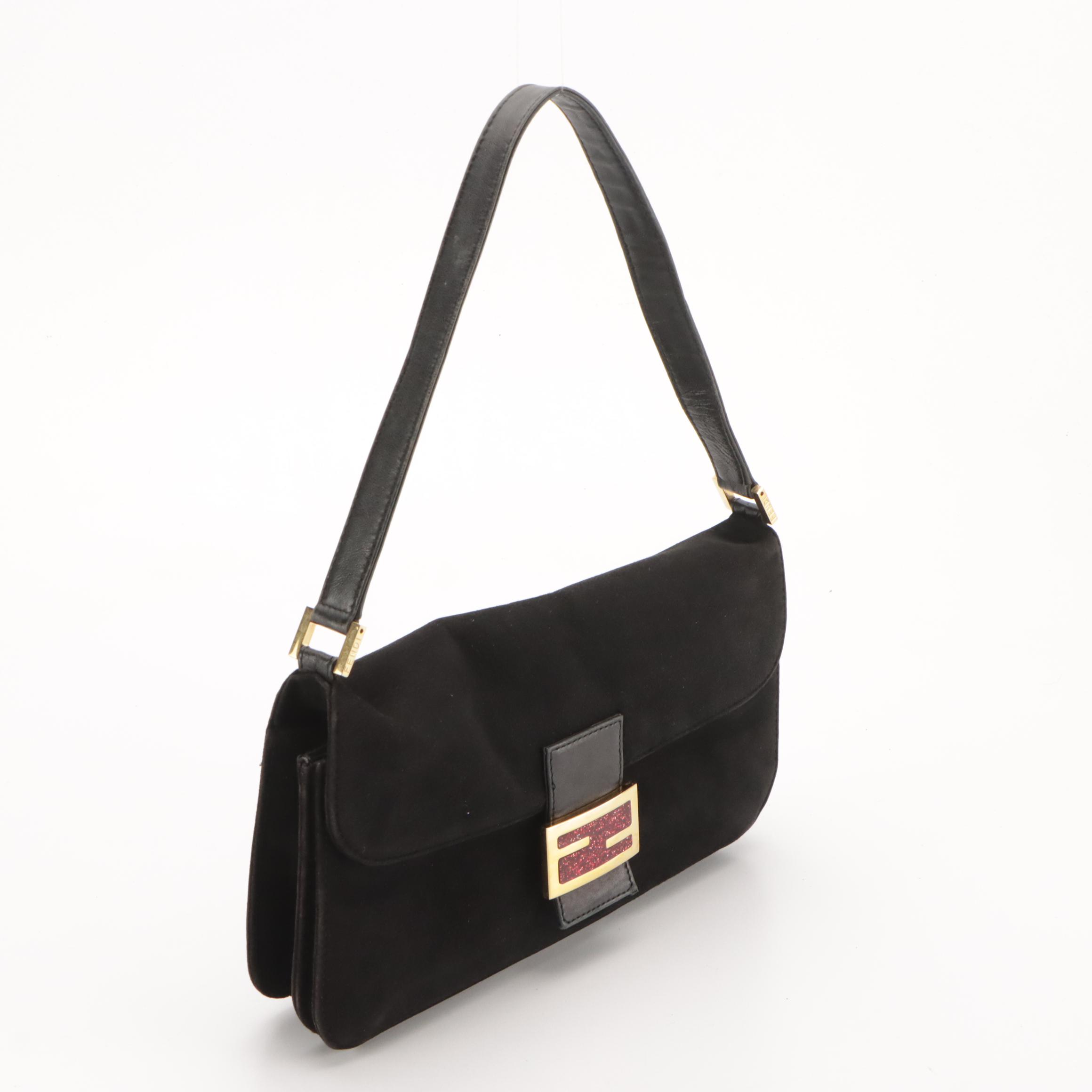 Fendi Mamma Baguette Shoulder Bag in Black Suede with Red Glittered FF Detail
