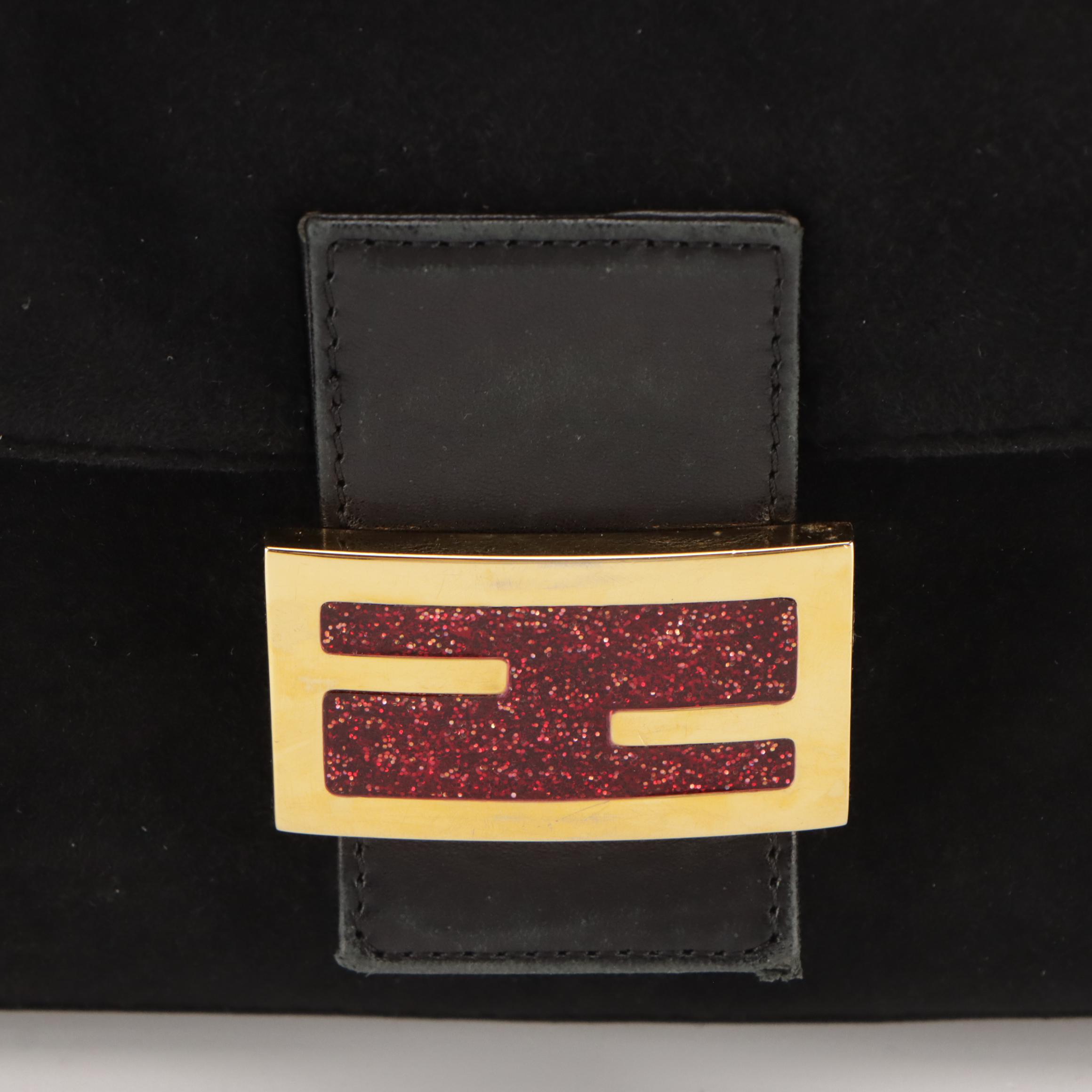 Fendi Mamma Baguette Shoulder Bag in Black Suede with Red Glittered FF Detail