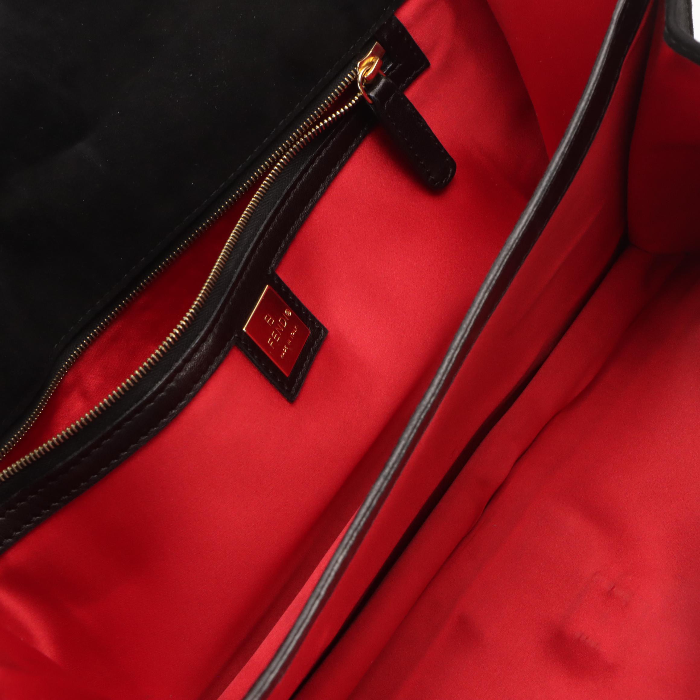 Fendi Mamma Baguette Shoulder Bag in Black Suede with Red Glittered FF Detail