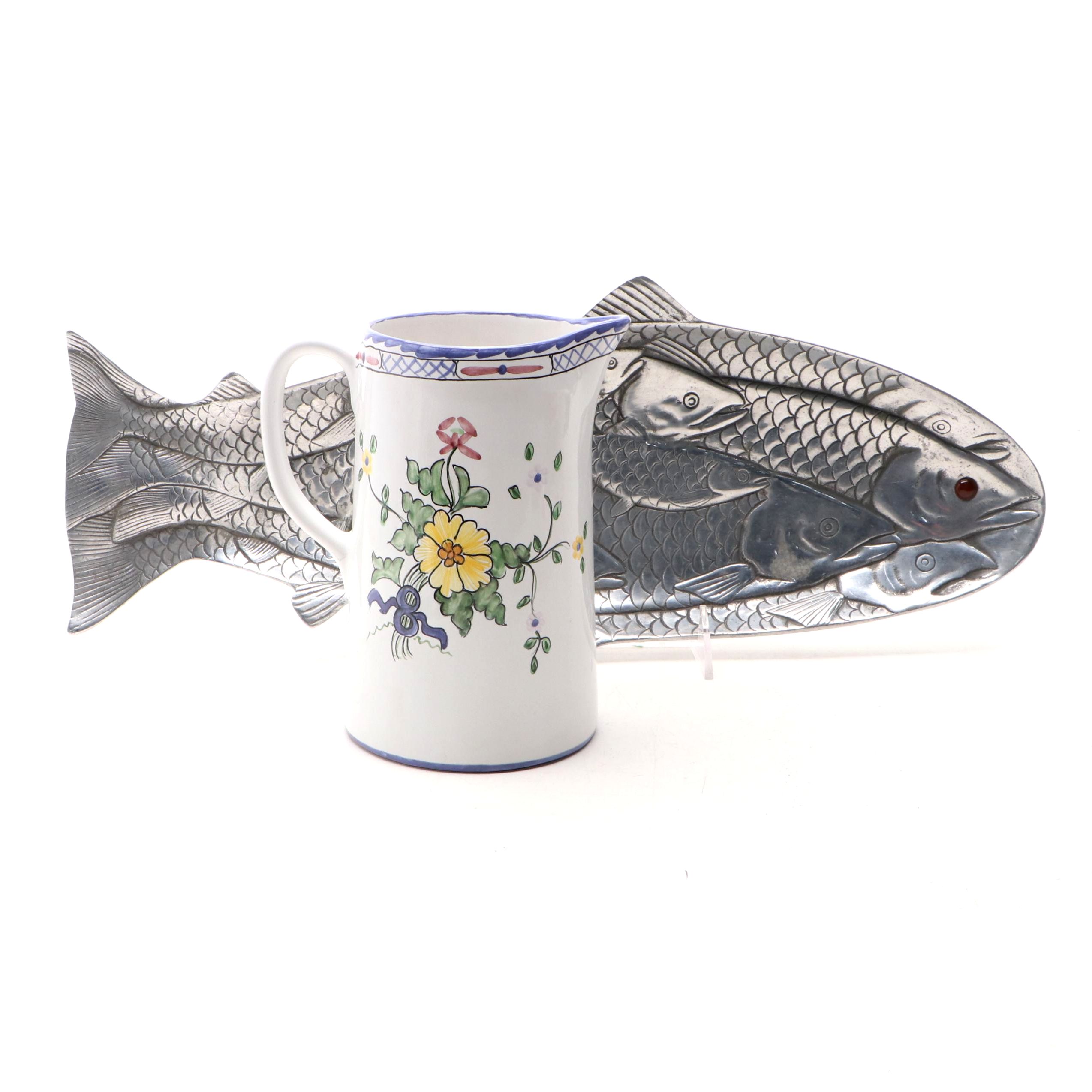 Tiffany & Co. Ceramic Pitcher and Arthur Court Fish Platter with Carnelian Eye