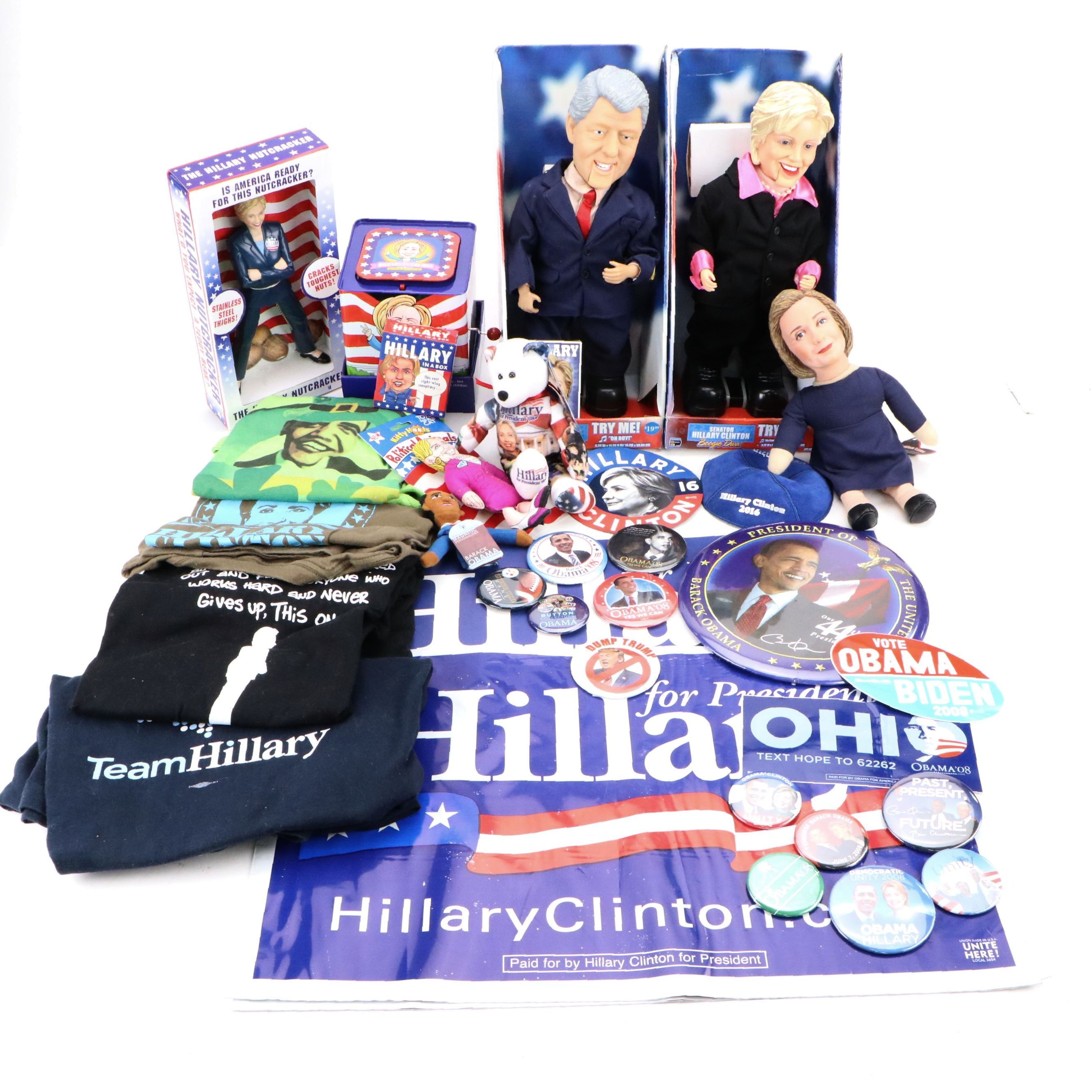Hillary Clinton, Obama with Other Campaign Pinbacks, Posters, Dolls and More