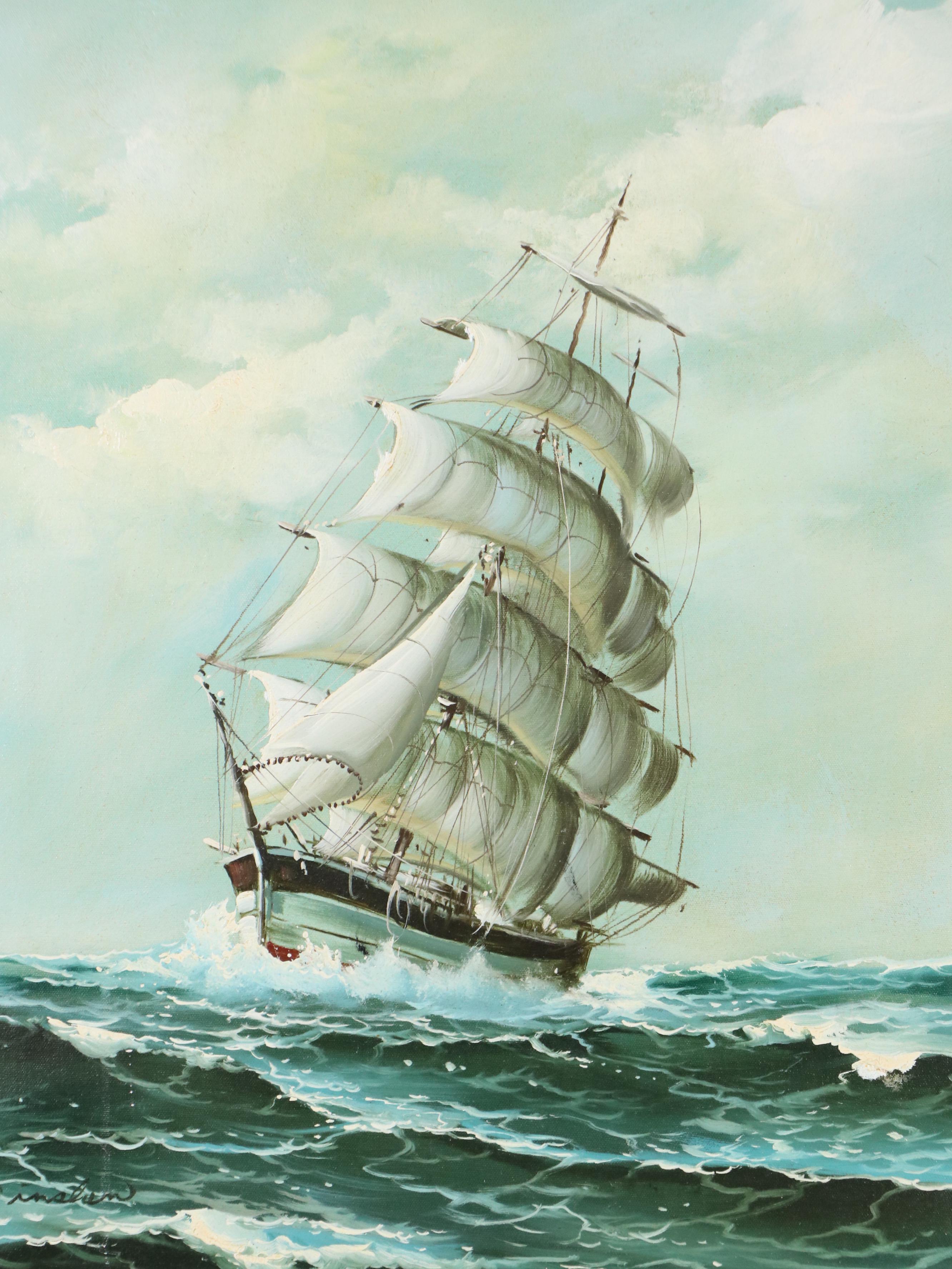 Maritime Oil Painting of Clipper Ship, Late 20th C.