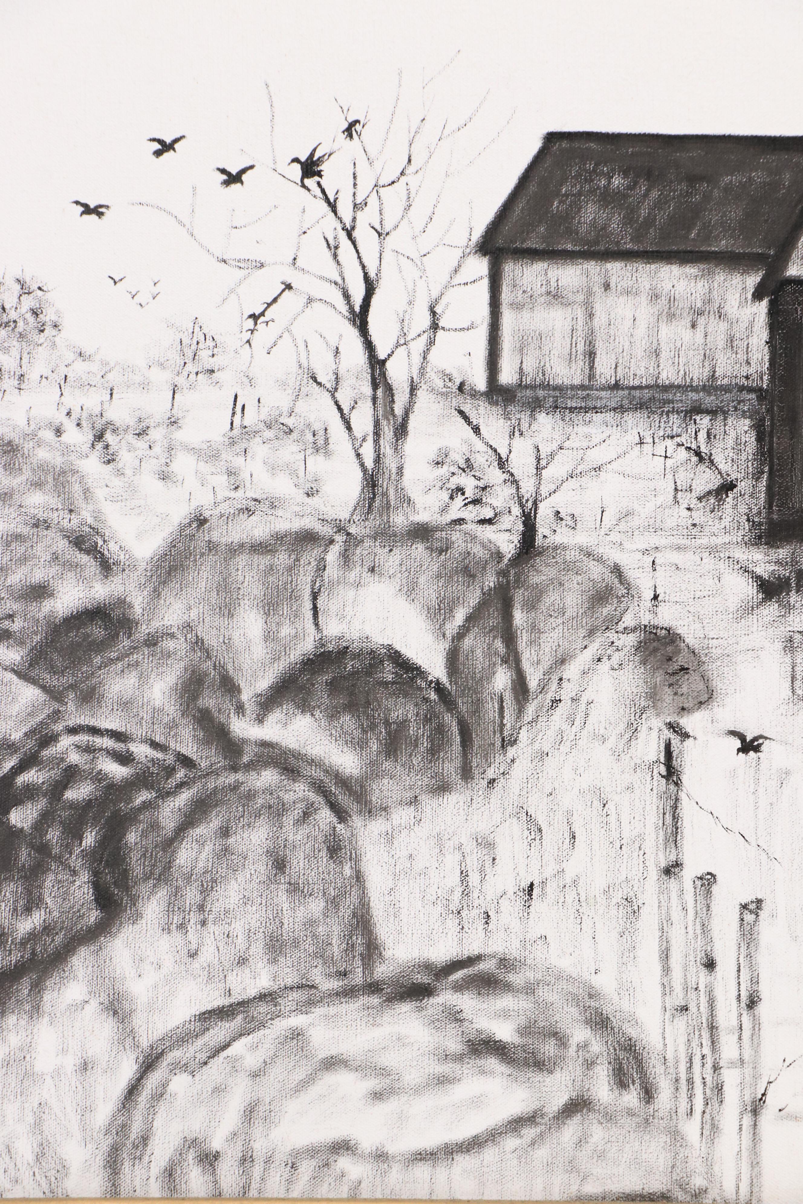 Renato Villegas Minimalist Landscape Oil Painting of House, Mid to Late 20th C.